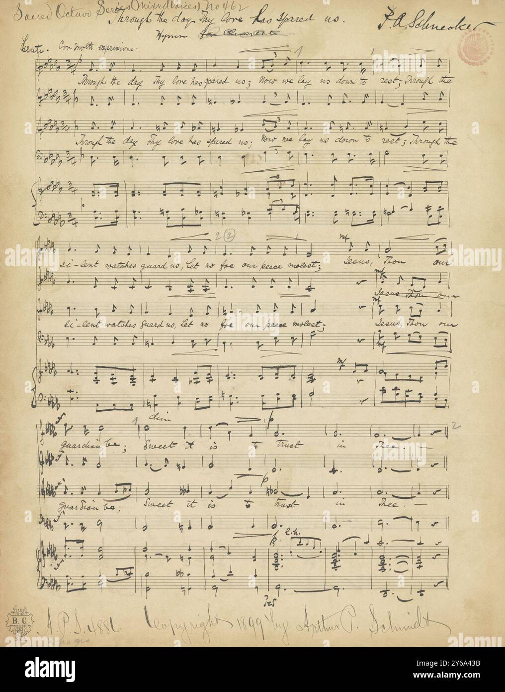 Musik 1800-1900; Musikmanuskripte; Schnecker, P.A. durch den Tag hat uns deine Liebe verschont, Schnecker, P.A., 1800-1900, Schmidt, Arthur Paul, Musikverlag, populäre Musik, Schreiben und Veröffentlichen, Noten, Music, United States, 19th Century, Music, United States, Manuskripte, Usa, Manuskripte Stockfoto