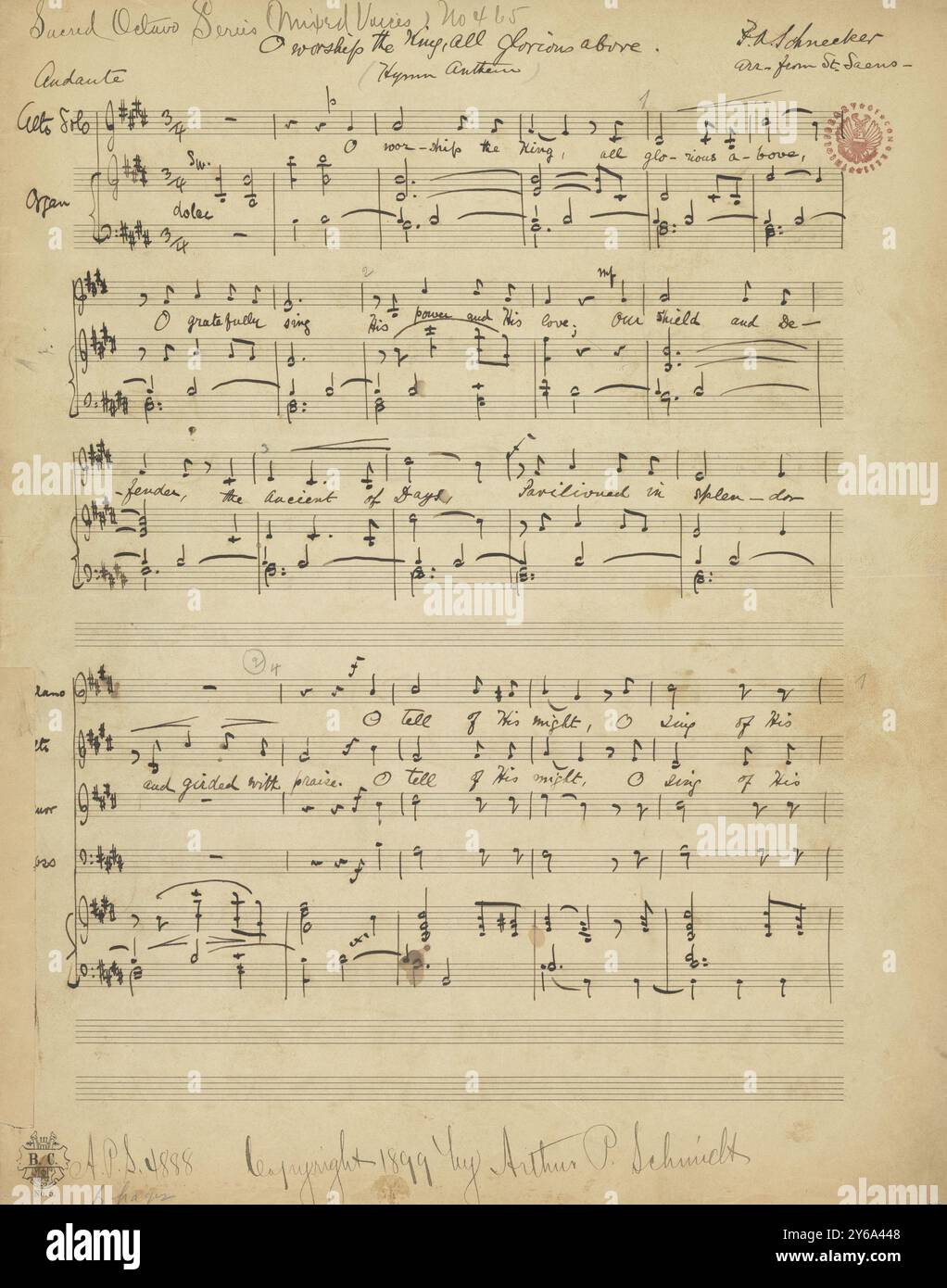 Musik 1800–1900; Musikmanuskripte; Schnecker, P.A., Arrangeur. O Anbetung des Königs, alles herrlich oben (Saint-Säens), Schnecker, P. A. (Arrangeur), 1800 - 1900, Schmidt, Arthur Paul, Musikverlag, populäre Musik, Schreiben und Veröffentlichen, Noten, Music, United States, 19th Century, Music, United States, Manuskripte, Usa, Manuskripte Stockfoto