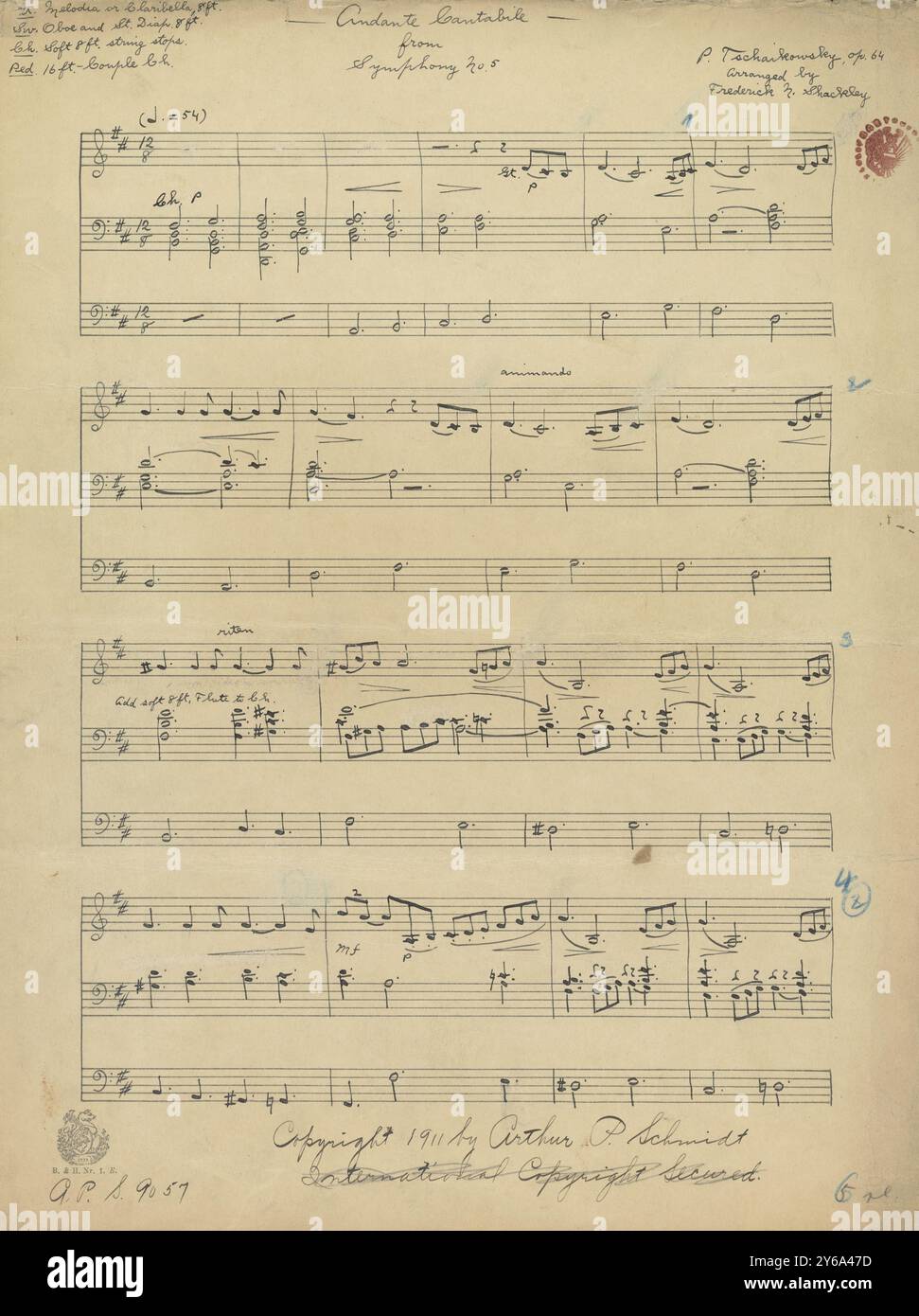 Musik 1800–1900; Musikmanuskripte; Shackley, Frederick N., Arrangeur. Andante cantabile, aus der Symphonie Nr. 5 (Tschaikowsky), Shackley, Frederick N. (Arranger), 1800–1900, Schmidt, Arthur Paul, Musikverlag, populäre Musik, Schreiben und Veröffentlichen, Noten, Music, United States, 19th Century, Music, United States, Manuskripte, Usa, Manuskripte Stockfoto