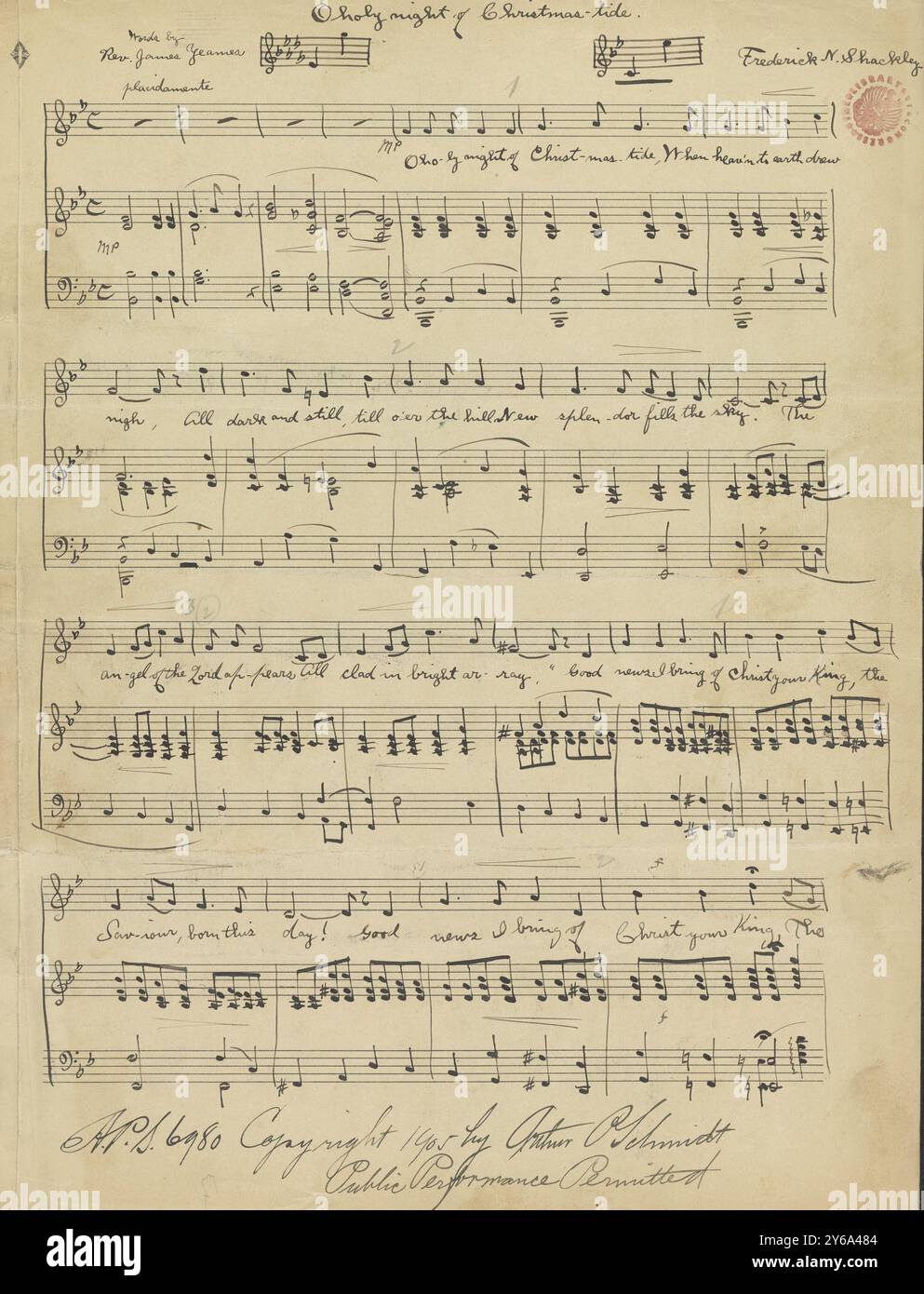 Musik 1800–1900; Musikhandschriften; Shackley, Frederick N. O heilige Nacht der Weihnachtszeit, Shackley, Frederick N., 1800–1900, Schmidt, Arthur Paul, Musikverlag, populäre Musik, Schreiben und Veröffentlichen, Noten, Music, United States, 19th Century, Music, United States, Manuskripte, Usa, Manuskripte Stockfoto