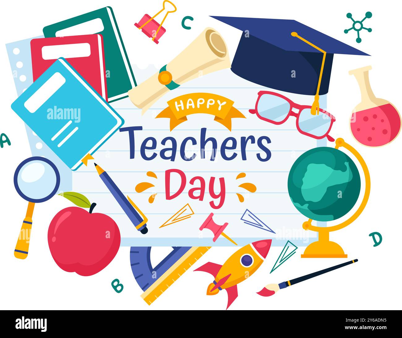 Happy Teacher's Day Vektor-Illustration mit Schulbedarf wie Tafeln, Bleistifte, Taschen, Bücher und anderen Gegenständen in flachem Hintergrund Stock Vektor