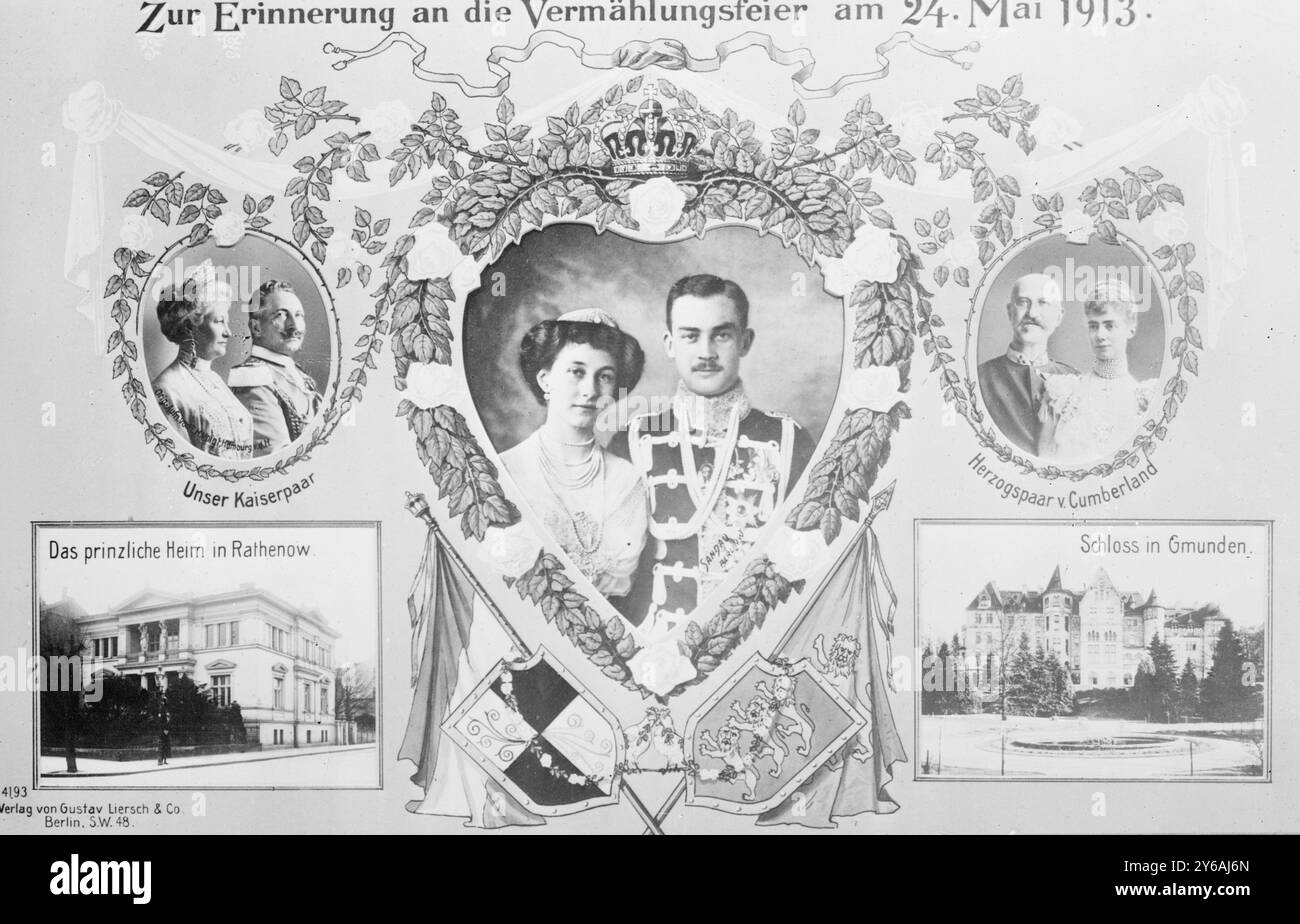 Ernst August, August & Braut, Foto zeigt Ernst August, Herzog von Braunschweig-Lüneburg (1887–1953) und seine Braut Prinzessin Victoria Louise von Preußen, die am 24. Mai 1913 verheiratet war. Ebenfalls abgebildet sind die Eltern der Braut, Kaiser Wilhelm II. Und Kaiserin Augusta Victoria., 1913., Glasnegative, 1 negativ: Glas; 5 x 7 cm. Oder kleiner. Stockfoto