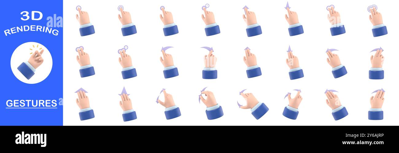 3D-Rendering-Gesten-Sammlung, Cartoon Gesture Symbol Mockup. Symbole für Gestenlinien auf dem Touchscreen.3D-Illustration verschiedene Touchscreen-Gesten. Stockfoto