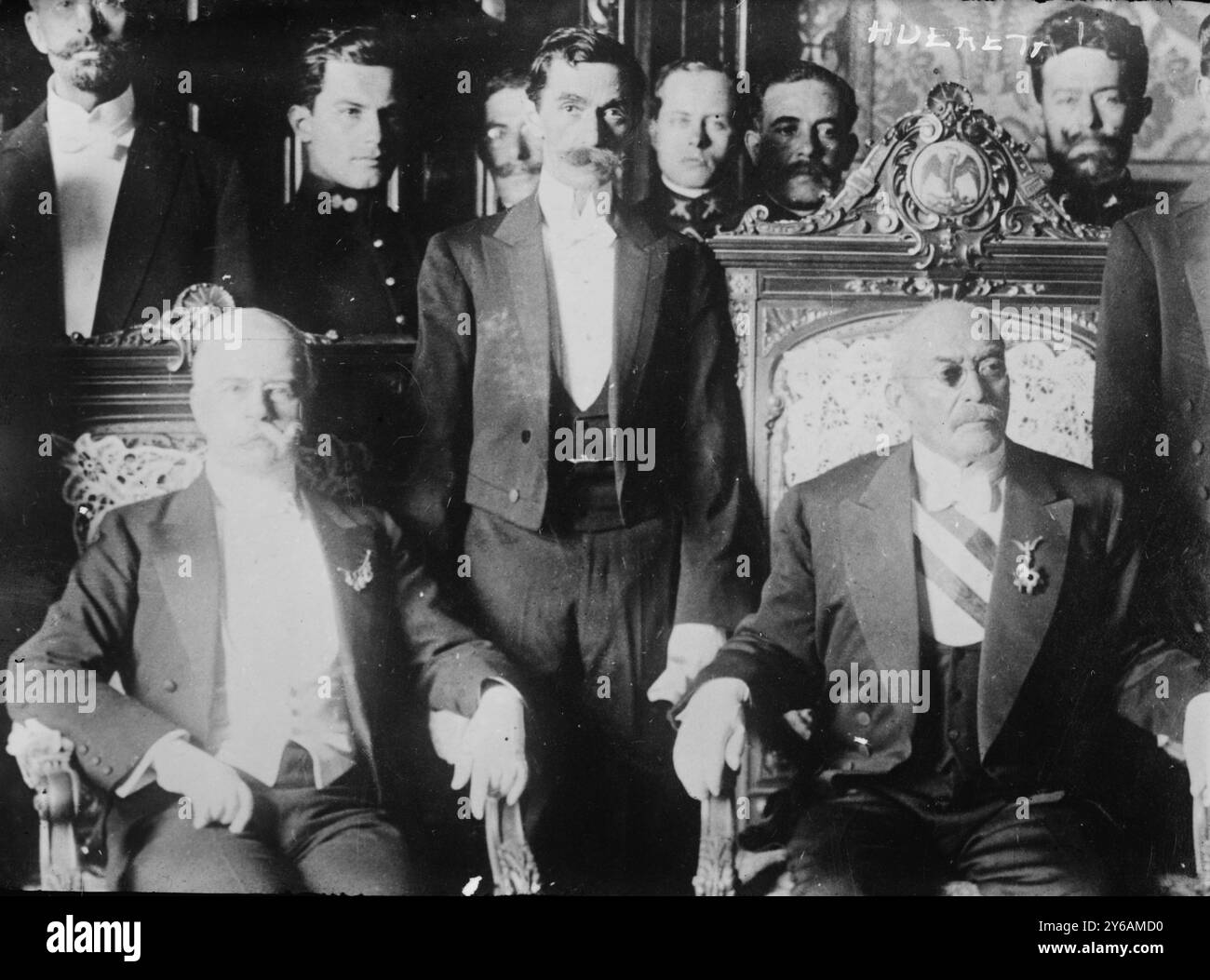 Huerta, Foto zeigt mexikanischen Militäroffizier José Victoriano Huerta Marquez (1850-1916), der ab 1913-1914 mit seinem Kabinett Präsident von Mexiko war., zwischen ca. 1910 und ca. 1915, Glasnegative, 1 negativ: Glas; 5 x 7 cm. Oder kleiner. Stockfoto