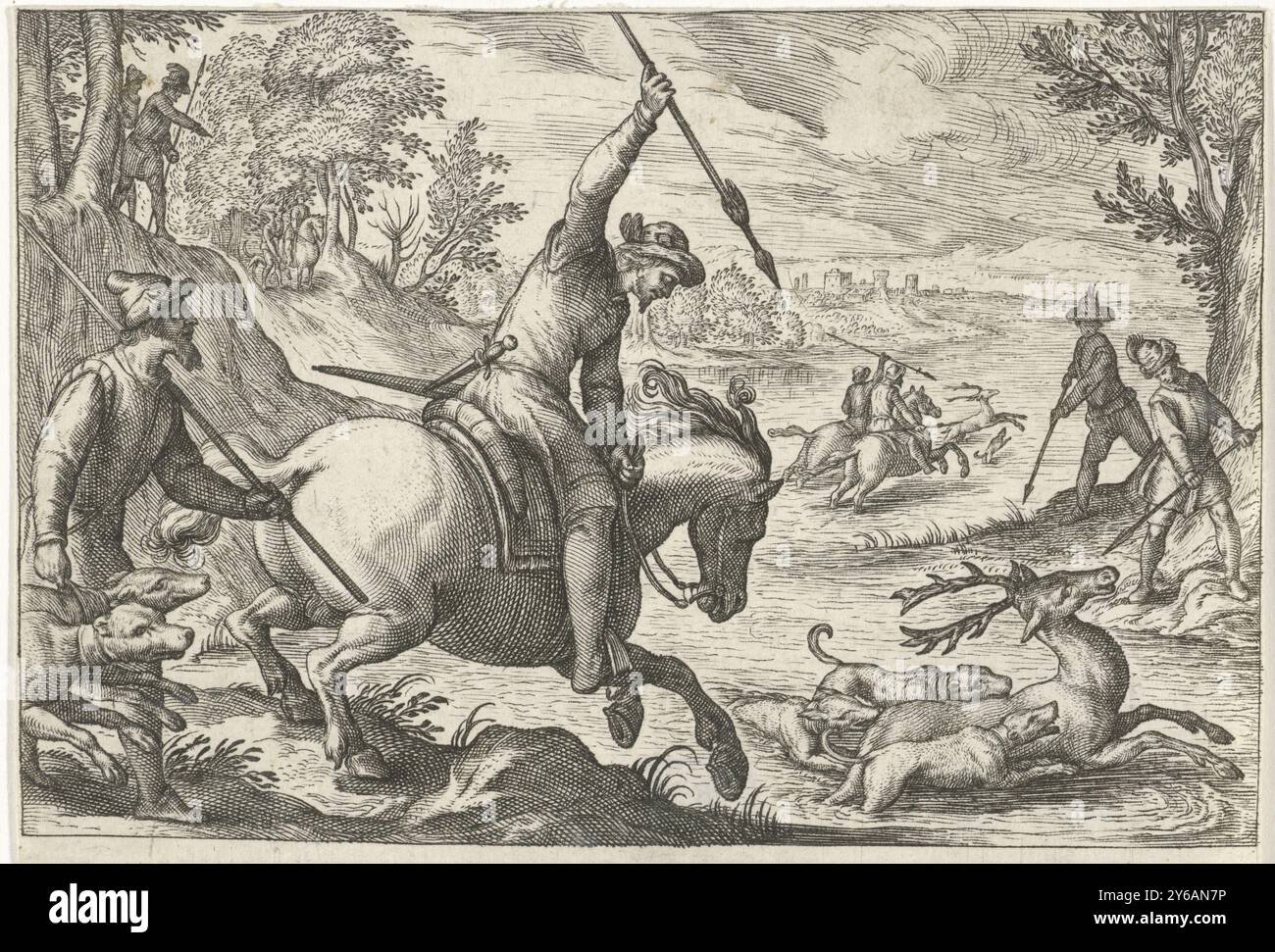 Landschaft mit Hirschjagd, Jagdszenen (Serientitel), Icones Venantum Species Varias Representantes (Serientitel), Flusslandschaft mit Pferden und Jägern mit Speeren auf Hirschjagd. Rechts vorne ein Hirsch im Fluss, der von drei Hunden gejagt wird. Links vorne ein Mann mit zwei Hunden und ein Reiter mit einem Speer, von der Seite gesehen. Druck aus einer Serie mit Jagdszenen., Druck, Druckerei: Egbert Jansz., nach Entwurf: Antonio Tempesta, Verlag: Johann Theodor en Johann Israel de Bry, Zuid-Nederland, 1598, Papier, Gravur, Höhe, 82 mm x Breite, 119 mm Stockfoto