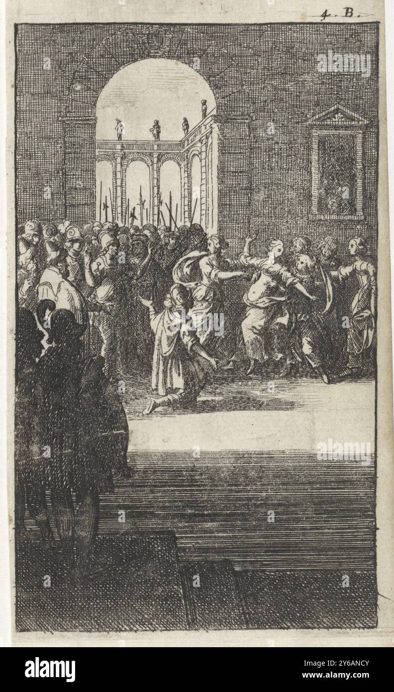 Soldat kniet vor einer Frau, in einem großen Raum kniet ein Soldat vor einer Frau, die ohnmächtig zu werden scheint. Andere Frauen sehen schnell entsetzt zu. Hinter dem knienden Soldaten steht eine Armee. Oben rechts: 4. B., Druckerei, Druckerei: Abraham Dircksz. Santvoort, Gerrit van Goedesberg, Druckerei: Niederlande, Amsterdam, 1666, Papier, Ätzen, Höhe, 129 mm x Breite, 73 mm Stockfoto