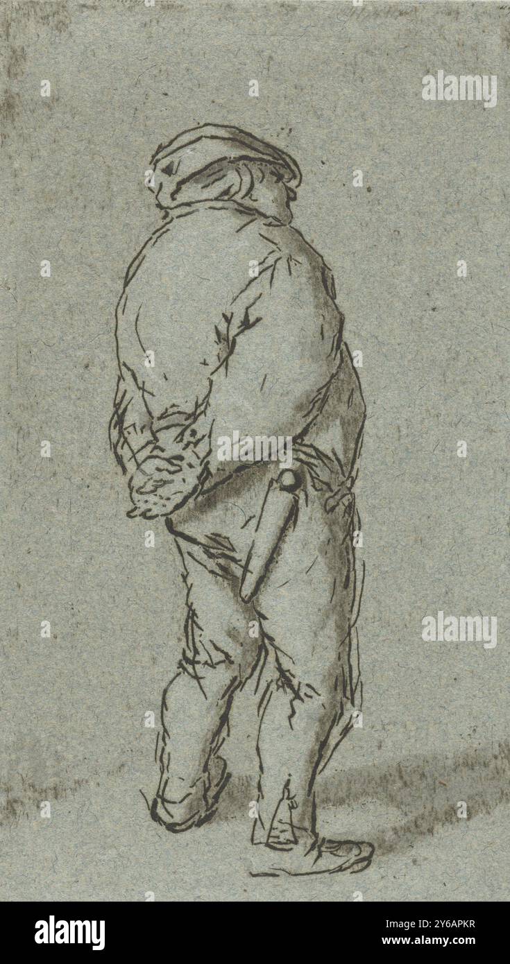 Stehender Mann, Ein stehender Mann mit einer Kappe auf dem Kopf und seine Hände hinter dem Rücken, schräg von hinten gesehen., Druck, Druckerei: Cornelis van Noorde, nach Zeichnung von: Adriaen van Ostade, Haarlem, 1741 - 1795, Papier, Ätzen, Höhe, 137 mm x Breite, 80 mm Stockfoto