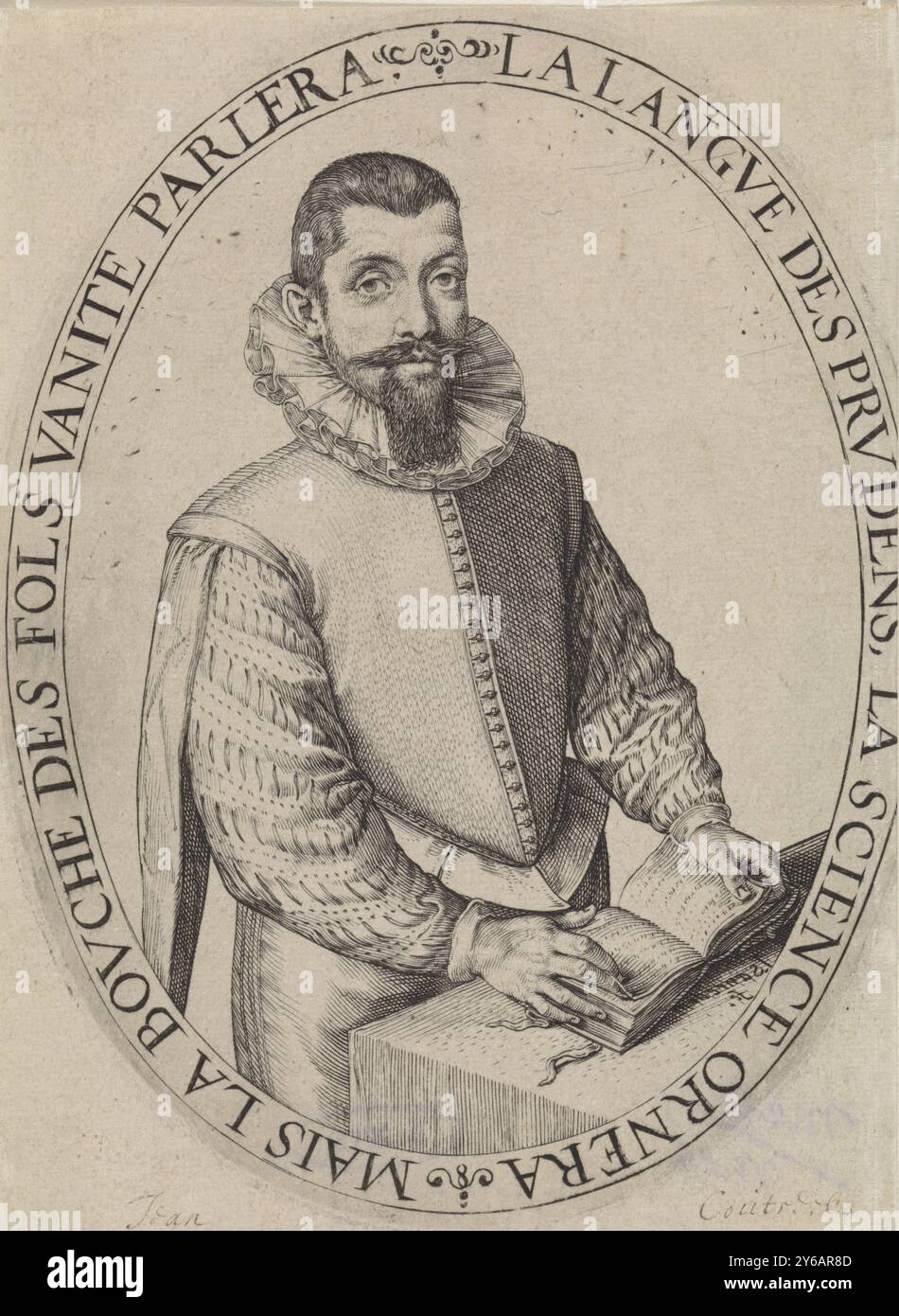 Porträt von Jean Coutereels, Porträt des Mathe-Meisters Jean Coutereels in einem ovalen Rahmen mit französischer Randbeschriftung. Ein offenes Buch liegt auf einem Tisch vor ihm., Druck, Druckerei: Jan Saenredam, (auf dem Objekt erwähnt), Noord-Nederland, 1589 - 1607, Papier, Gravur, Höhe, 136 mm x Breite, 105 mm Stockfoto