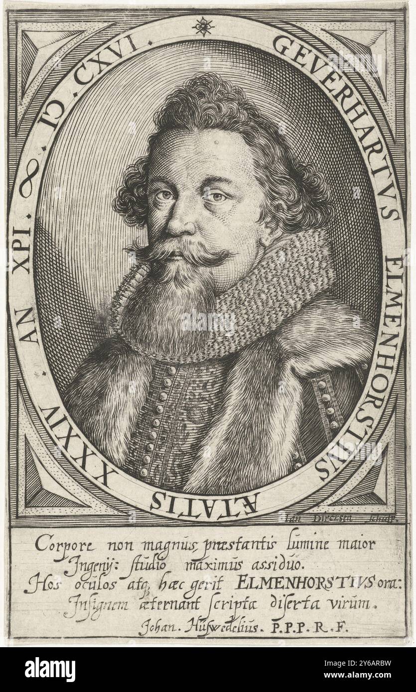 Porträt von Geverhart Elmenhorst in Oval, Porträt von Geverhart Elmenhorst, Büste mit Rüschenkragen in Oval. Vier Zeilen lateinischer Text am unteren Rand., Druck, Druckerei: Jan Diricks van Campen, (auf dem Objekt erwähnt), Johan. Hüswedelius, (auf dem Gegenstand erwähnt), Niederlande, 1616, Papier, Gravur, Höhe, 158 mm x Breite, 100 mm Stockfoto