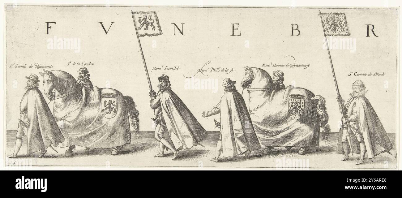 Trauerprozession von Wilhelm von Orange, Seite 5, Trauerprozession von Wilhelm von Orange, 3. August 1584 (Serientitel), Haec Pompa funebris spectata fuit Batavorum Delphis, tertio die Augusti; Ao. 1584 (Serientitel auf Objekt), Bestattungsstation mit den Herren Cornelis van Wijngaerde, Van der Lynden, Lancilot, Philips van der AA, Herman van Wyttenhorst und Cornelis de Sweerde mit zwei Pferden mit den Waffen und Spruchbändern von Katzenelnbogen und Nassau. Seite 5 in der Trauerprozession von Wilhelm von Orange, Delft, 3. August 1584. Druckerei: Hendrick Goltzius, Verlag: Willem Janszoon B. Stockfoto