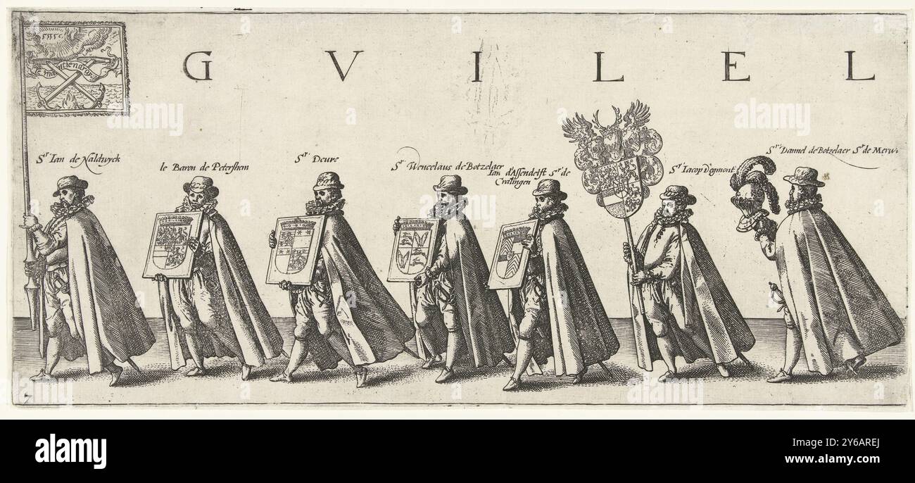 Trauerprozession von Wilhelm von Orange, Seite 7, Trauerprozession von Wilhelm von Orange, 3. August 1584 (Serientitel), Haec Pompa funebris spectata fuit Batavorum Delphis, tertio die Augusti; Ao. 1584 (Reihentitel zum Objekt), Bestattungsstation mit den Herren Jan van Naaldwyck, Baron van Petershem, Deure, Wencelaus van Botzelaer, Jan van Assendelft und Herrn von Kralingen, Jacob van Egmond und Daniel van Botzelaer und Herrn von Merwe. Sie tragen ein Banner mit gekreuzten Ankern und den Spruch je Maintendray, vier Wappen von Nassau, Hessen, Stolberg und Königstein, das Wappen Wilhelms Stockfoto