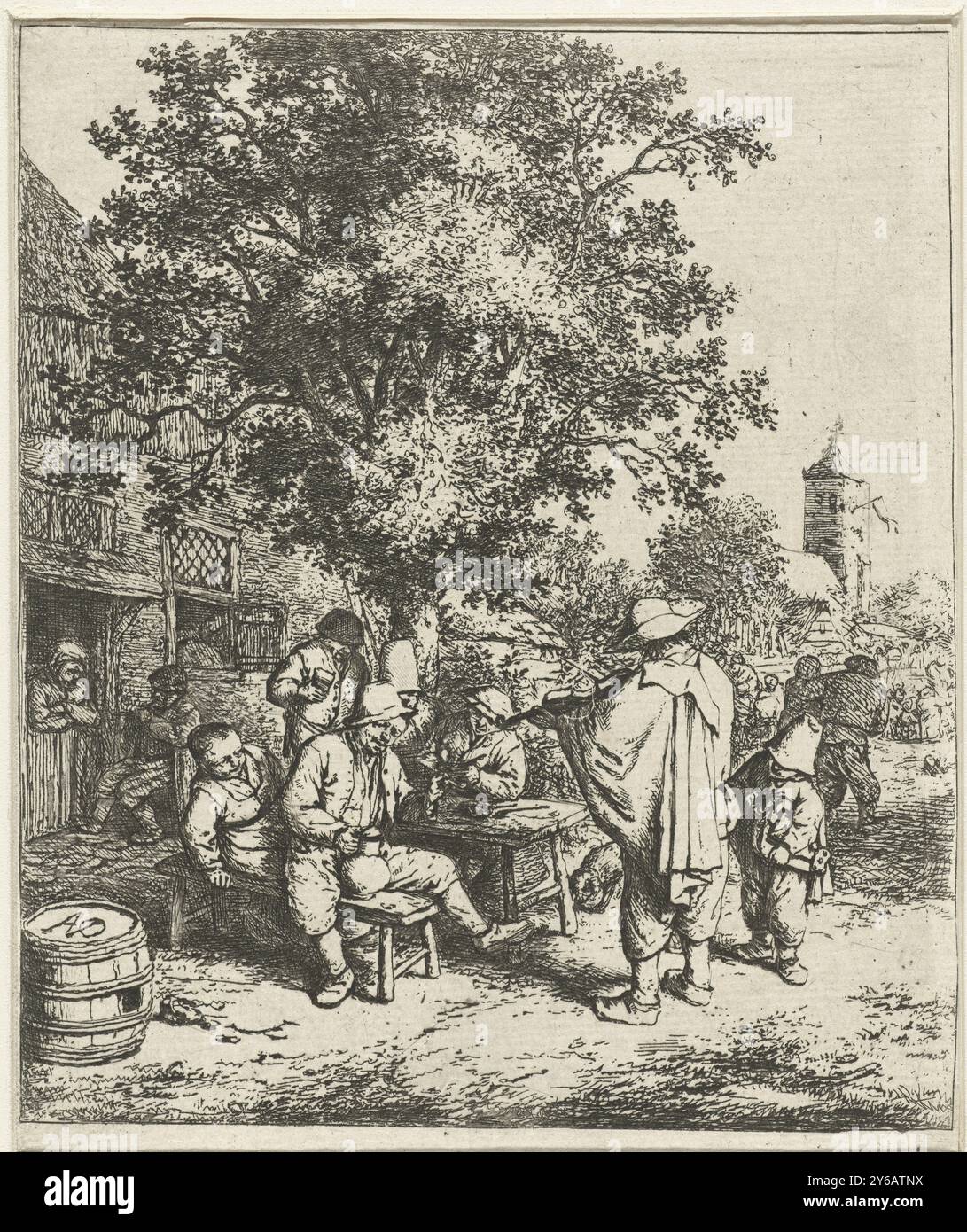 Fiddler und ein junger Lyre-turner, zwei Musiker, ein Mann mit einer Geige und ein Junge mit einer Leier, unterhalten eine Trinkgruppe an einem Tisch in einer Dorfstraße. Im Hintergrund ist ein Kirchturm mit der Flagge., Druck, Druckerei: Adriaen van Ostade, (auf dem Objekt erwähnt), nach Zeichnung von: Adriaen van Ostade, Haarlem, 1654 - 1656, Papier, Ätzen, Höhe, 154 mm x Breite, 128 mm Stockfoto