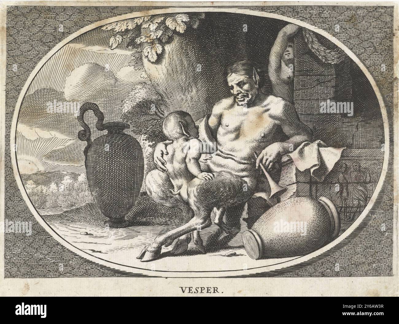 Satyr mit Satyr-Kind sitzend am Baum, Vesper (Titel auf Objekt), Druck, Druckerei: Cornelis van Dalen (II), nach Entwurf: Charles Le Brun, 1648 - 1664, Papier, Gravur, Höhe, 137 mm x Breite, 179 mm Stockfoto