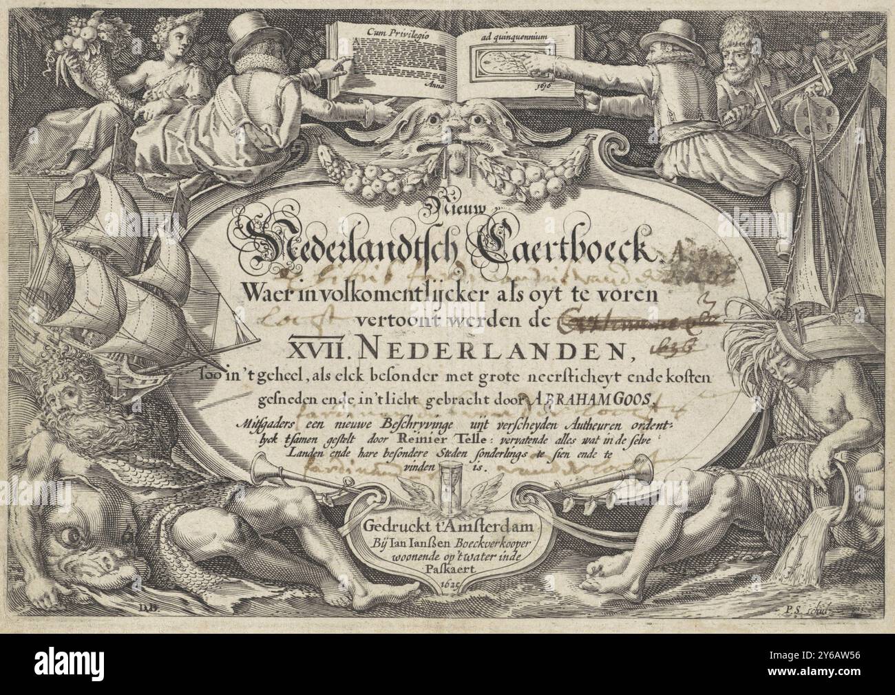 Fluss- und Meeresgötter mit Händlern, Titelseite für A. Goos und R. Telle, Nieuw Nederlandtsch caertboeck, 1625, Titel und Beschreibung des Buches sind in einer Kartusche angegeben, mit dem Abdruck unten. Oben befindet sich ein offenes Kartenbuch, in dem das Privileg von 1616 erwähnt wird. Zwei Männer auf beiden Seiten zeigen auf den Text. Rechts ein Mann mit einer Jakobsleiter in der Hand, links eine Frau mit einem Horn voller Fülle. Unten ein Fluss- und Meeresgott, jeder mit einem Schiff auf der Schulter. Über dem Abdruck eine geflügelte Sanduhr., Druck, Druckerei: Pieter Serwouters, (auf dem Objekt erwähnt), nach des Stockfoto