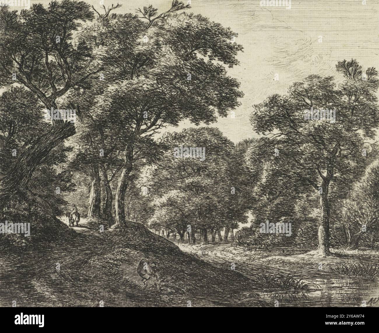 Pedlar at a Water Feature, Forest Views, Serie C (Titel der Serie), vorne links ein Peddler sitzt am Ufer eines kleinen Wasserspiels. Ein Reiter reitet auf dem Weg hinter ihm. Es gibt einen Waldweg auf der rechten Seite., Druck, Druckerei: Anthonie Waterloo, (auf dem Objekt erwähnt), Verlag: Anthonie Waterloo, Verlag: Cornelis Danckerts, Amsterdam, (möglicherweise), 1630 - 1663 und, oder 1630 - 1717, Papier, Ätzen, Höhe, 135 mm x Breite, 167 mm Stockfoto