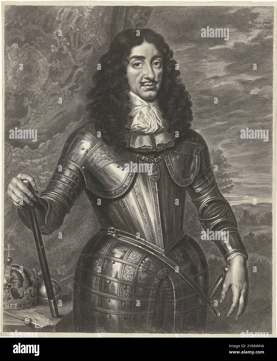 Porträt Leopolds I., Kaiser von Deutschland, Porträt Leopolds I., Kaiser von Deutschland, stehend in Rüstung mit kaiserlichen Attributen neben ihm auf dem Tisch: Krone, Kugel und Zepter. Vorhänge und Landschaft im Hintergrund., Druck, Druckerei: Cornelis van Dalen (II), (erwähnt auf Objekt), nach Malerei von: Pieter Nason, (erwähnt auf Objekt), Amsterdam, 1648 - 1664, Papier, Gravur, Höhe, 347 mm x Breite, 284 mm Stockfoto