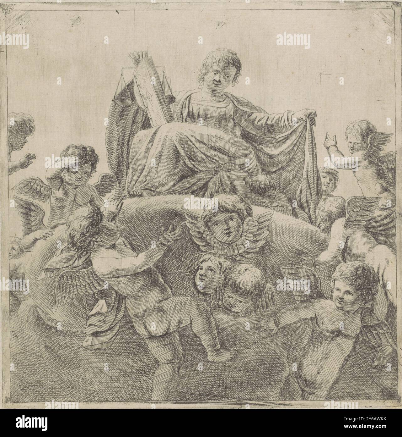 Gerechtigkeit umgeben von Putti und Cherubim sitzt die Personifikation der Gerechtigkeit auf einer Wolke mit Waagen und Gesetzbuch in der Hand. Sie ist umgeben von Putti und Cherubs., Druck, Druckerei: Anonym, 1600 - 1800, Papier, Ätzen, Höhe, 212 mm x Breite, 210 mm Stockfoto