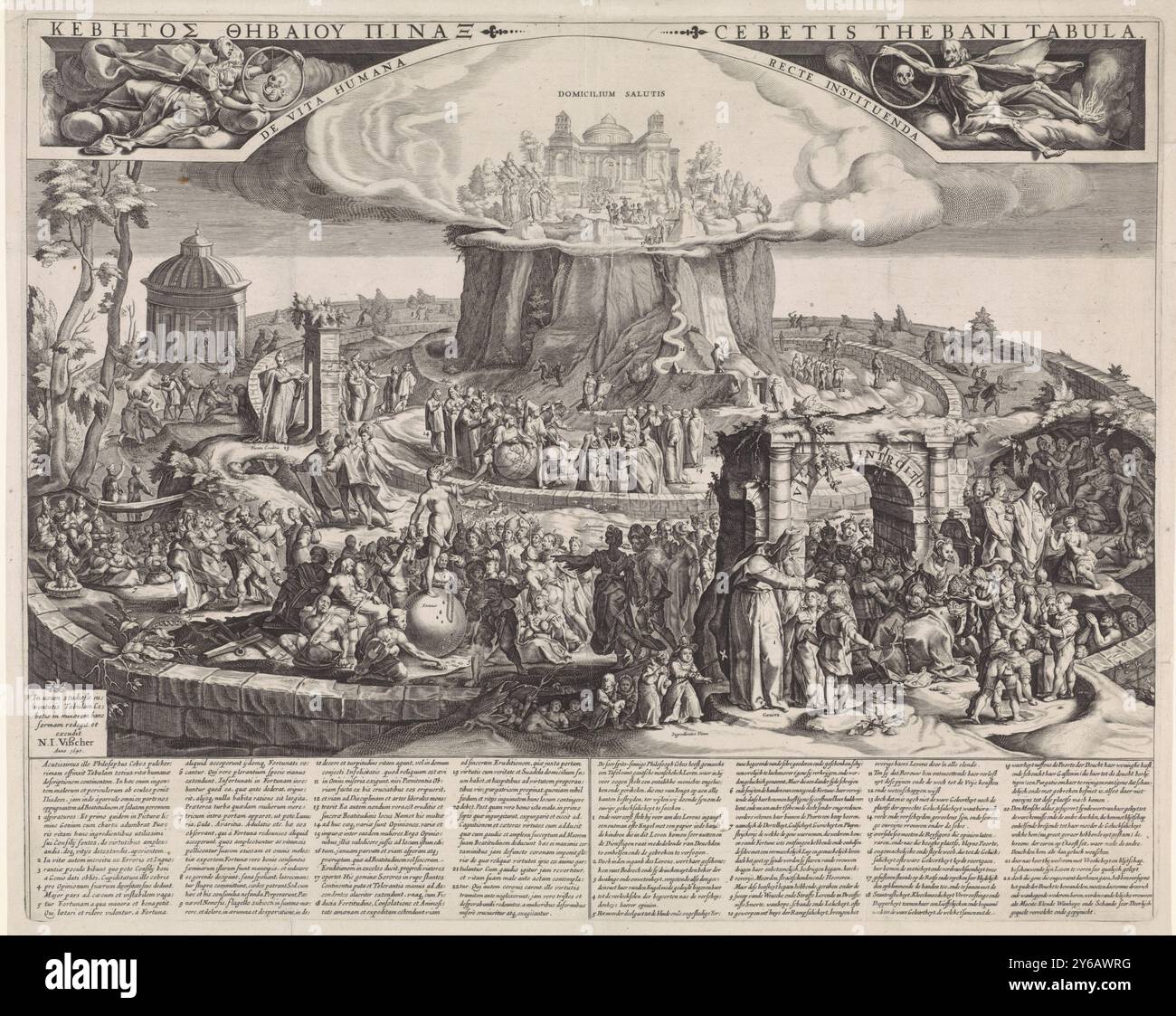 Tabula Cebetis, Cebetis Thebani Tabula (Titel über Objekt), Tabelle der Cebes. Allegorische Darstellung des Lebensweges als Übergang durch konzentrische Ringe zum Tempel des Glücks auf einem Berg in der Mitte. Detaillierte Darstellung mit zahlreichen Personen und allegorischen Figuren mit Inschriften. Unterhalb der Performance eine Legende mit 22 Referenzen; links auf Latein, rechts auf Niederländisch., Druck, Druckerei: Anonym, nach Druck von: Jacob Matham, nach Entwurf von: Hendrick Goltzius, Amsterdam, 1640, Papier, Stich, Höhe, 404 mm x Breite, 505 mm Stockfoto