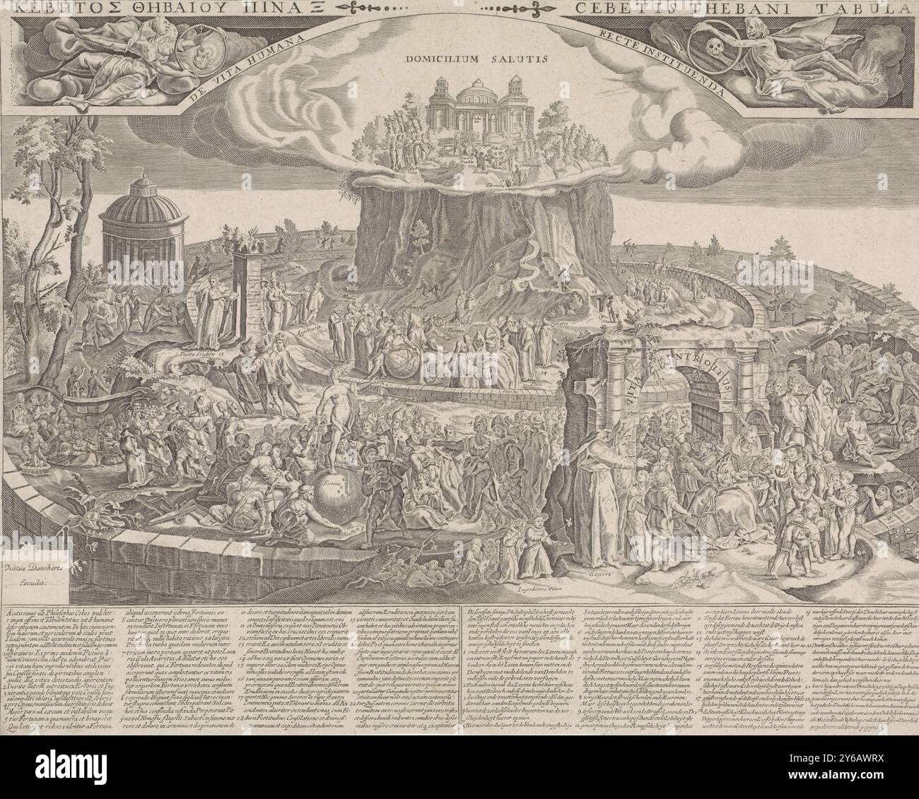 Tabula Cebetis, Cebetis Thebani Tabula (Titel über Objekt), Tabelle der Cebes. Allegorische Darstellung des Lebensweges als Übergang durch konzentrische Ringe zum Tempel des Glücks auf einem Berg in der Mitte. Detaillierte Darstellung mit zahlreichen Personen und allegorischen Figuren mit Inschriften. Unterhalb der Performance eine Legende mit 22 Referenzen; links auf Latein, rechts auf Niederländisch., Druck, Druckerei: Anonym, nach Druck von: Jacob Matham, nach Entwurf von: Hendrick Goltzius, Amsterdam, 1640, Papier, Stich, Höhe, 403 mm x Breite, 505 mm Stockfoto