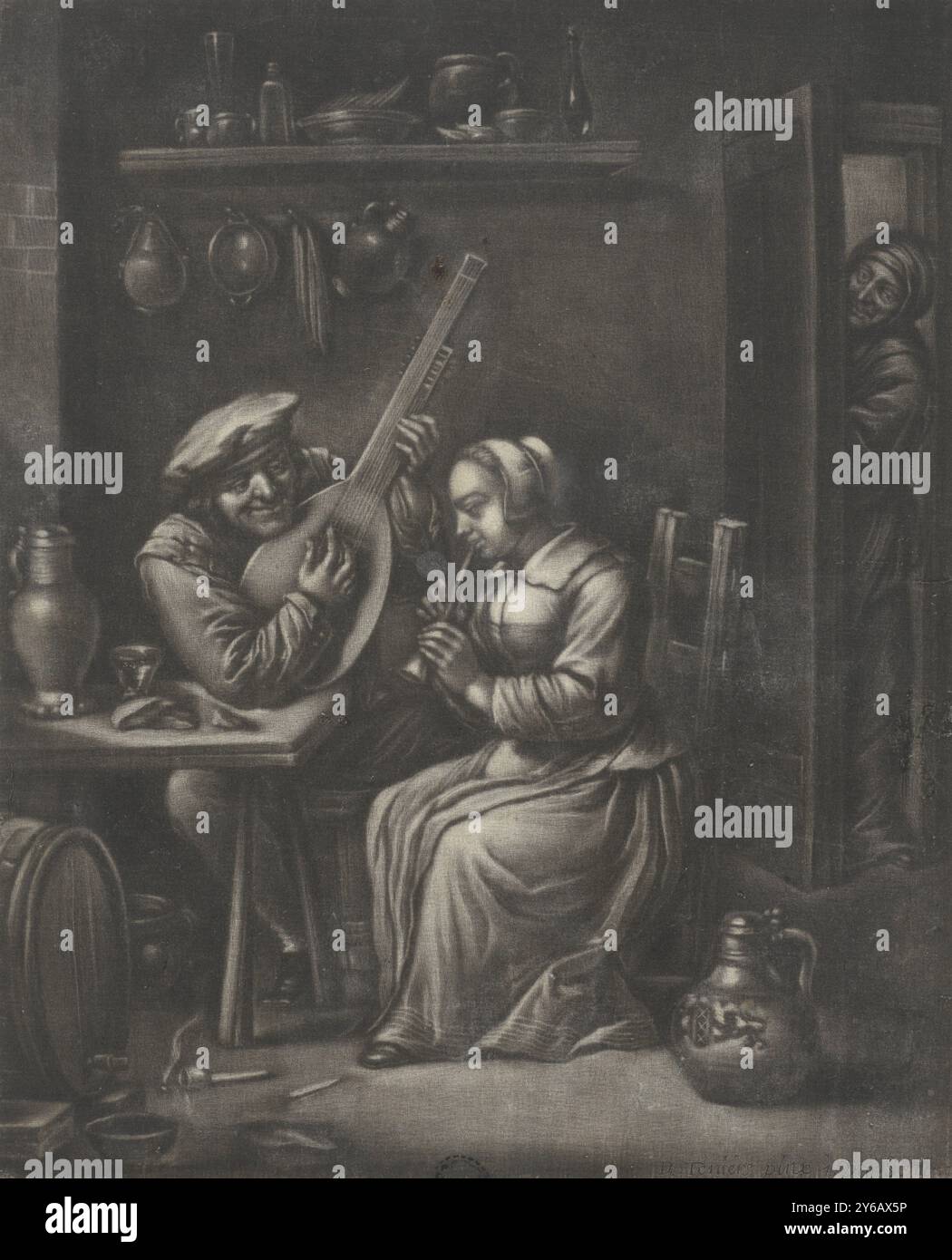 Ein Paar macht Musik, Ein Mann spielt ein Streichinstrument, während eine Frau eine Flöte bläst. Eine Frau beobachtet die Szene von der Tür aus. Auf dem Boden befindet sich ein Krug mit dem Wappen von Amsterdam., Druck, Druckerei: Jan van Somer, (erwähnt auf Objekt), nach Malerei von: David Teniers (II), (erwähnt auf Objekt), 1655 - 1700, Papier, Höhe, 267 mm x Breite, 216 mm Stockfoto