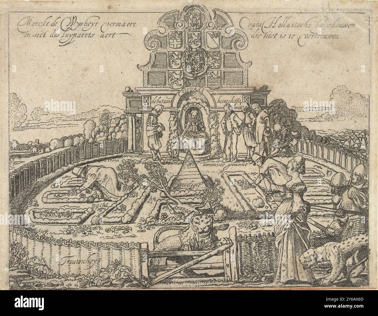 Allegory über die Unzuverlässigkeit Spaniens und die Freiheit und den Wohlstand der sieben Provinzen: Der niederländische Garten, Allegory über die Unzuverlässigkeit Spaniens und die Freiheit und den Wohlstand der sieben Provinzen präsentiert mit dem niederländischen Garten. Druck für das Flugblatt Merckt de Weijsheyt vermaert vant Hollandsche huyshouwen en sie des luypaerts aert Who not be trauen, Druck, Druckerei: Willem Pietersz Buytewech, nach eigenem Entwurf von: Willem Pietersz Buytewech, Niederlande, 1615, Papier, Ätzen, Höhe, 141 mm x Breite, 184 mm Stockfoto