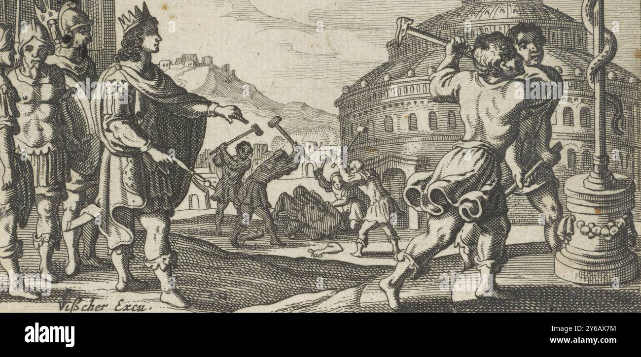 Hiskia hat die Götzenbilder und die bronzene Schlange zerstört, König Hiskia befahl die Zerstörung der Opferstätten und Götzenbilder. Zwei Männer schlagen Moses' Messingschlange an. Im Hintergrund reißen seine Männer eine andere Statue ab. Druck, Druckerei: Anonym, Verleger: Claes Jansz. Visscher (II), Amsterdam, 1601 - 1652, Papier, Ätzen, Höhe, 61 mm x Breite, 98 mm Stockfoto