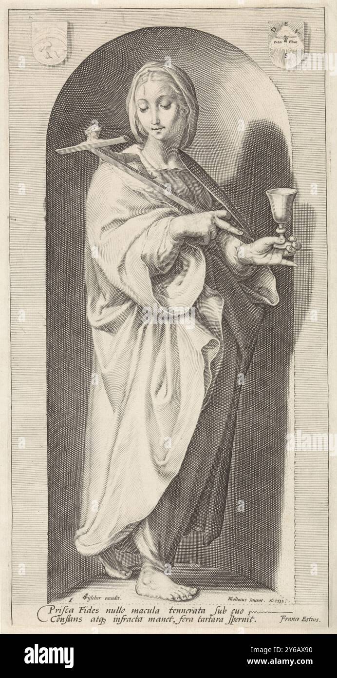 Faith (Fidesdienst), die sieben Kardinaltugenden (Serientitel), Personifikation des Glaubens, mit Kruzifix und Kelch, in einer Nische stehend., Druck, Druckerei: Jacob Matham, nach Zeichnung von: Hendrick Goltzius, (auf dem Objekt erwähnt), Franco Estius, (auf dem Objekt erwähnt), Haarlem, 1593 und, oder 1601 - 1652, Papier, Gravur, Höhe, 321 mm x Breite, 168 mm Stockfoto