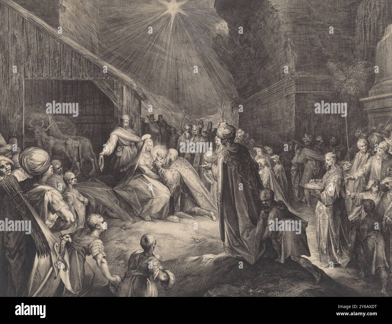 Die Anbetung der Könige, die drei Könige und ihr Gefolge verehren das Christkind. Ein König kniet vor dem Kind. Links der Stall mit dem Ochsen und dem Esel. Der Stern am Himmel, Druckerei: Jan Harmensz. Müller, 1598, Papier, Gravur, Höhe 330 mm x Breite 434 mm Stockfoto