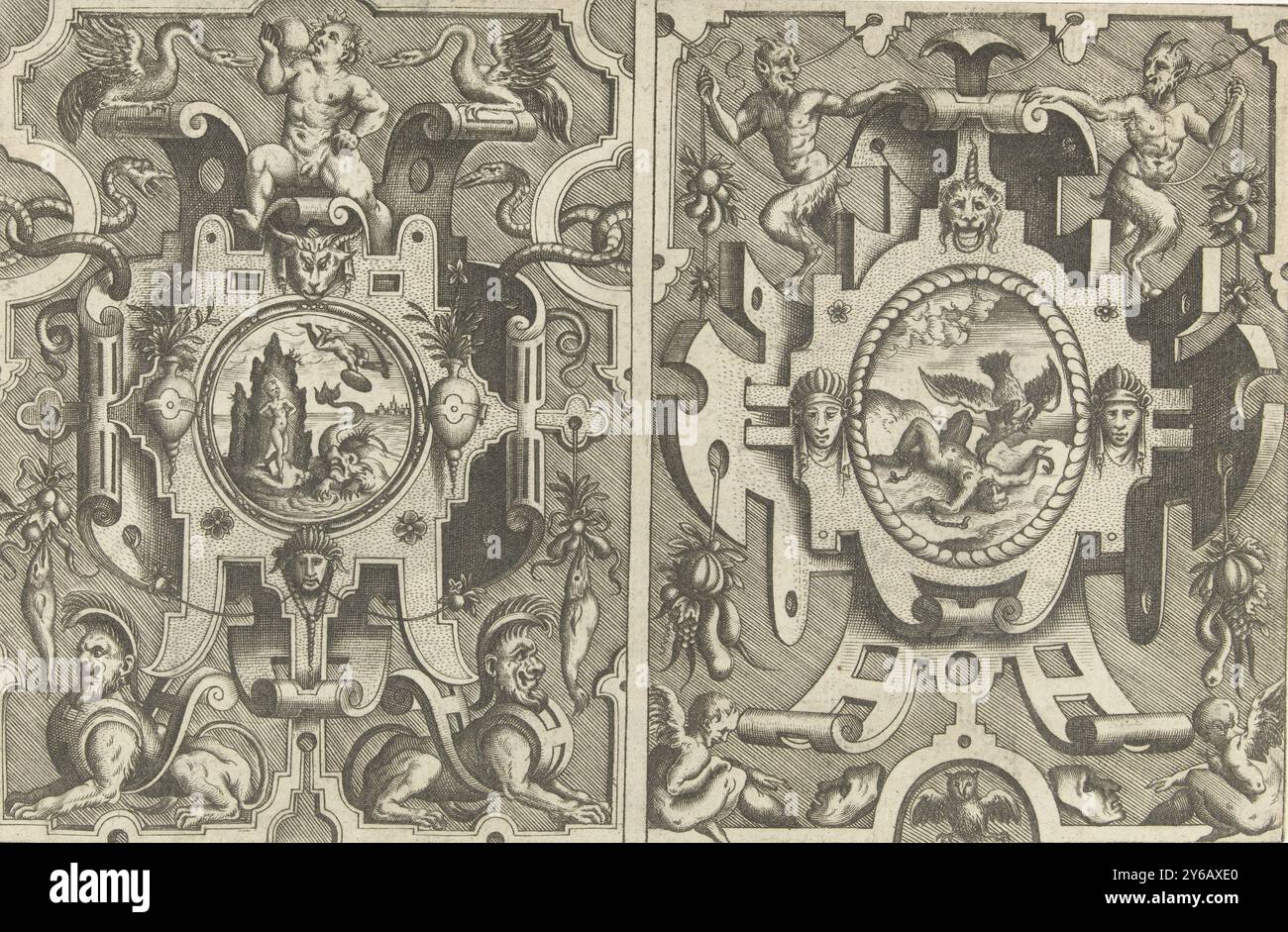 Zwei Kartuschen mit mythologischen Szenen, Compertimentorum quod vocant multiplex, zwei Kartuschen auf einer Seite. Die Kartusche auf der linken Seite zeigt die Befreiung von Andromeda durch Perseus, die Kartusche auf der rechten Seite zeigt, wie Prometheus' Leber von einem Adler herausgepickt wird. Schattierter Hintergrund. Blatt aus einer Serie bestehend aus einer Titelseite und 15 der 16 Blätter mit Kartuschen mit biblischen und mythologischen Szenen in einem Rahmen aus Scroll- und Grotesken., Druckerei: Pieter van der Heyden, nach Entwurf: Jacob Floris, Geschichte von Prometheus, 1566, Papier, Gravur, Höhe 132 mm x Breite 202 mm Stockfoto