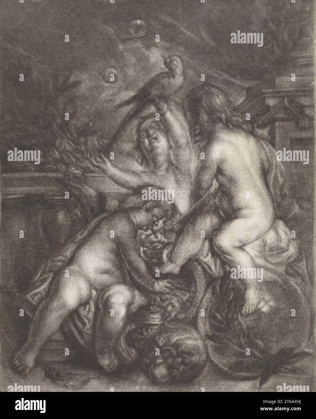 Vanitas, Allegorie der Vergänglichkeit mit drei Kindern, von denen eines Seifenblasen bläst. Ein anderer hält einen Papagei und ein dritter spielt eine Laute. Im Vordergrund befindet sich ein Schädel., Druck, Druckerei: Johannes de Groot (II), (auf dem Objekt erwähnt), nach Entwurf: Johannes de Boekhorst, Nordholland, 1745, Papier, Gravur, Höhe, 232 mm x Breite, 189 mm Stockfoto