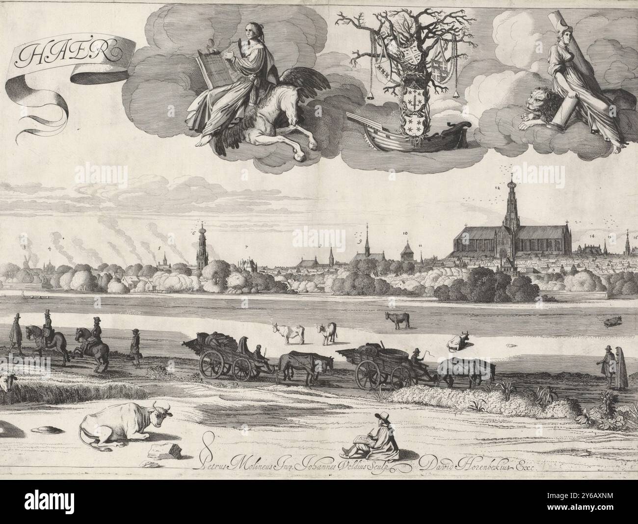 Ansicht von Haarlem A, mittlere Seite, Ansicht von Haarlem, von Norden gesehen, mit Personifizierungen von Vorsicht und Stärke in einer Wolke. Die Gebäude, einschließlich des Sint-Bavokerk, sind mit Nummern versehen. Im Vordergrund ein Zeichner. Auf dem zweiten Plan, Kutschen, Fahrer und Wanderer., Druck, Druckerei: Jan van de Velde (II), (auf dem Gegenstand erwähnt), nach Entwurf von: Pieter de Molijn, (auf dem Gegenstand erwähnt), Verlag: David van Horenbeeck, (auf dem Gegenstand erwähnt), Nordholland, 1621, Papier, Ätzen, Höhe, 418 mm, Breite, 566 mm Stockfoto