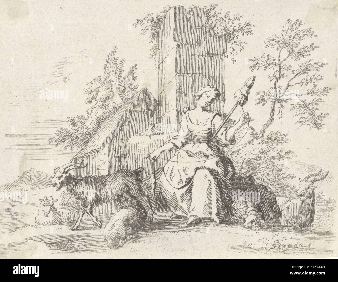 Spinning Shepherdess, Pastoral Scenes (Titel der Serie), Eine Hirtin sitzt mitten in ihrer Herde und dreht sich. Im Hintergrund ein Bauernhof und ein Turm., Druck, Druckerei: Paul van Somer (II), 1670 - 1697, Papier, Ätzen, Höhe, 100 mm x Breite, 130 mm Stockfoto