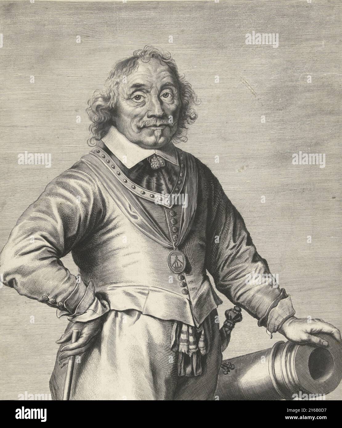 Porträt von Maarten Harpertszoon Tromp, Porträt von Admiral Maarten Harpertsz. Tromp, stehend bei Kanone., Druck, Druckerei: Cornelis van Dalen (II), nach Malerei von: Jan Lievens, Amsterdam, 1648 - 1664, Papier, Kupferstich, Höhe, 387 mm x Breite, 317 mm Stockfoto
