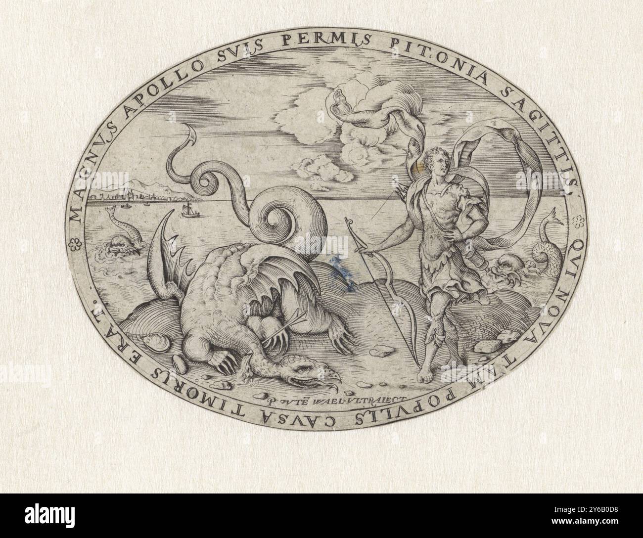 Apollo besiegt Python, mythologische Szenen (Titel der Serie), Apollo auf einer Insel im Meer, mit einem Bogen in den Händen, auf der Schulter trägt er einen Köcher. Der besiegte Drache Python liegt ihm gegenüber. Im ovalen Rahmen befindet sich eine Randschrift in lateinischer Sprache., Druck, Druckerei: Paulus van Wtewael, (auf dem Objekt erwähnt), Utrecht, 1565 - 1611, Papier, Gravur, Höhe, 69 mm x Breite, 89 mm Stockfoto