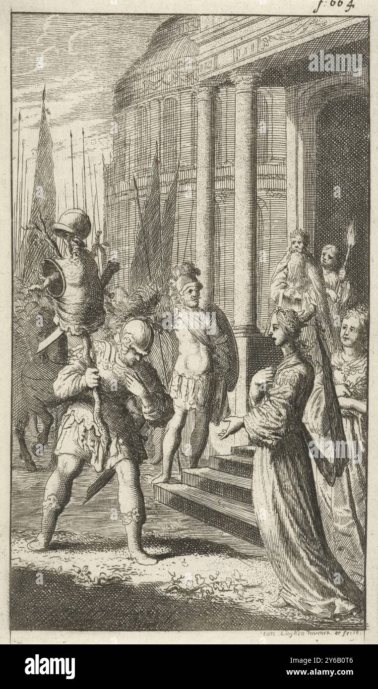 Poliarchus trifft Königin Hyanisbe nach seinem Sieg über Radirobanes, Druck oben rechts markiert: f: 664., Druck, Druckerei: Jan Luyken, (erwähnt auf Objekt), nach eigenem Entwurf von: Jan Luyken, (erwähnt auf Objekt), Verlag: Jan Claesz ten Hoorn, Amsterdam, 1680, Papier, Ätzen, Höhe, 139 mm x Breite, 81 mm Stockfoto