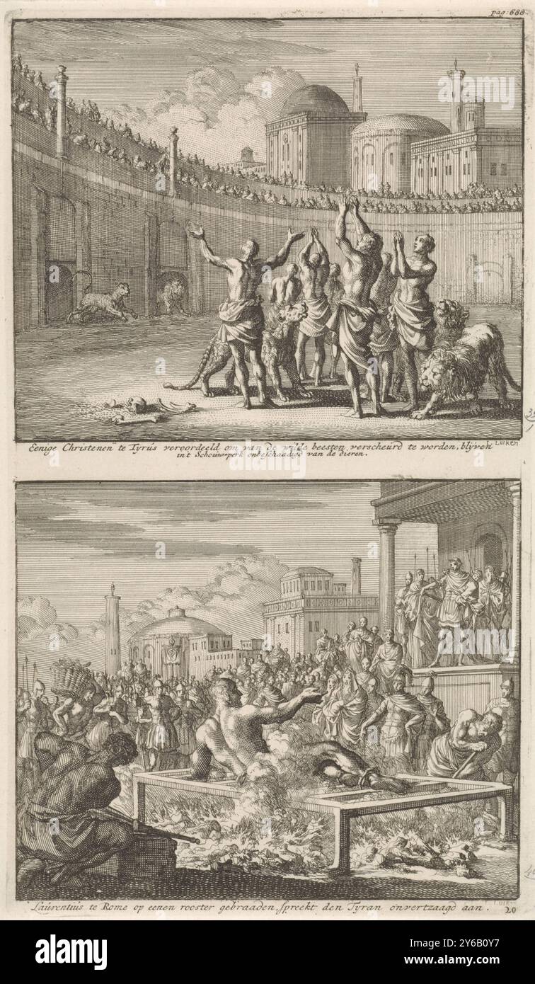 Christen in Reifen werden von den Löwen und dem Martyrium des heiligen Laurentius verschont, einige Christen in Reifen sind dazu verurteilt, von wilden Tieren zerrissen zu werden, Laurentius auf einem Grill in Rom (Titel auf Objekt), zwei Darstellungen auf einem Teller. Oben: Löwen werden auf die frühen Christen in der Arena von Tyrus losgelassen. Die Löwen greifen die Christen nicht an, sondern werden zähm. Unten: Der heilige Laurentius liegt auf einem Grill und wird lebendig verbrannt. Während seiner Verbannung spricht er mit Kaiser Valerian., Druck, Druckerei: Jan Luyken, (auf dem Objekt erwähnt), Herausgeber: Jacobus van Hardenberg, Buchhändler: Barent Vissche Stockfoto