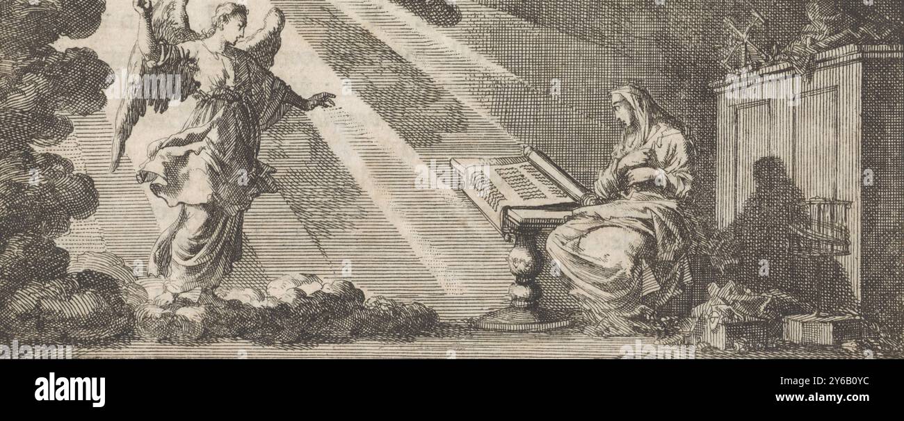 Verkündigung, Druck, Druckerei: Jan Luyken, (erwähnt auf dem Objekt), Verlag: Willem Broedelet, Amsterdam, 1700, Papier, Ätzen, Buchdruck Stockfoto
