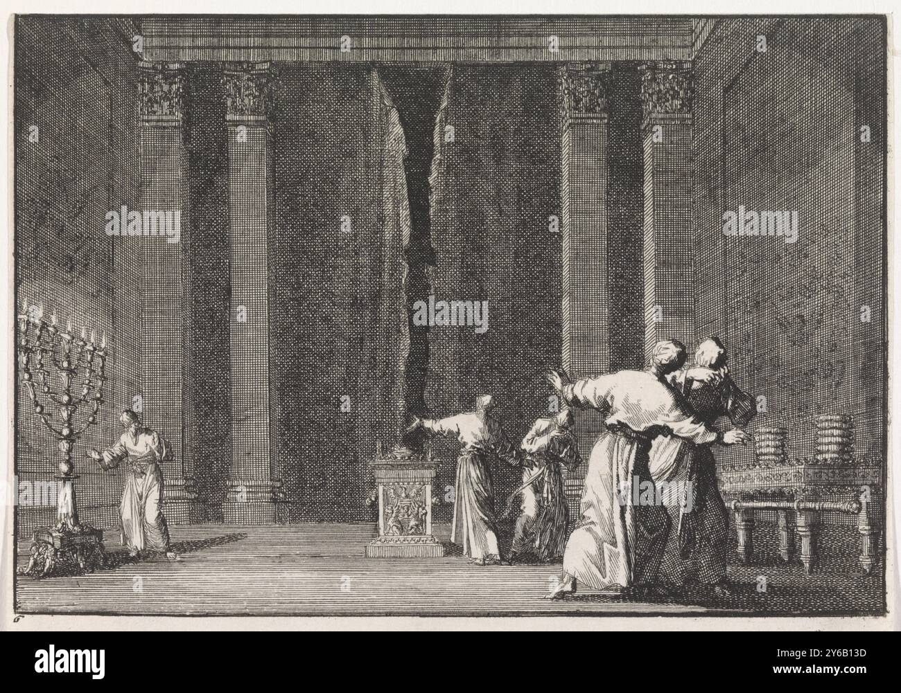 Schleierriss im Tempel von Jerusalem, Druck, Druckerei: Jan Luyken, Verlag: Pieter Mortier (I), Druckerei: Haarlem, Verlag: Amsterdam, 1703, Papier, Ätzen, Höhe ca. 110 mm x Breite ca. 158 mm Stockfoto