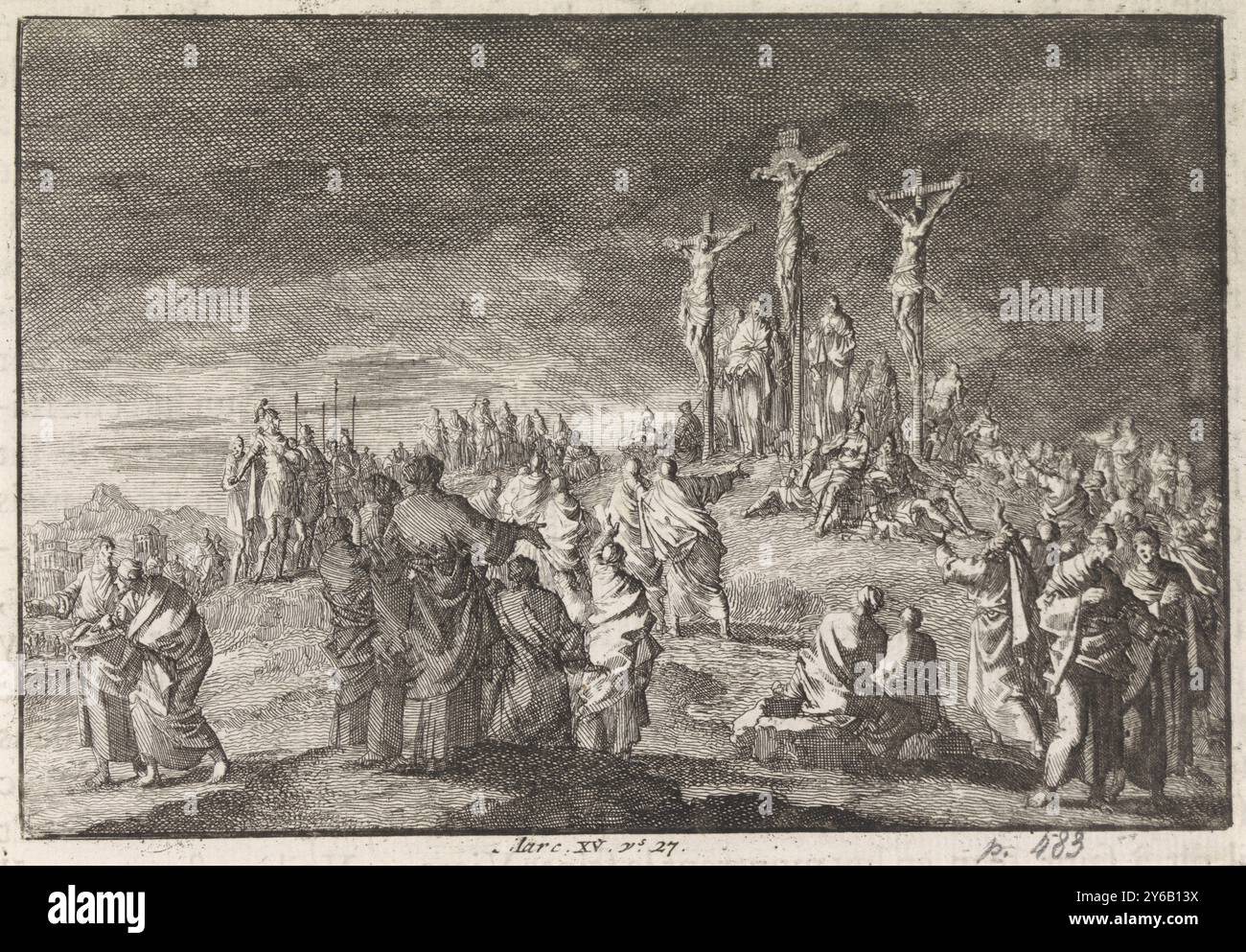 Christ on the Cross, Print, Printmacher: Jan Luyken, Verlag: Pieter Mortier (I), Printmacher: Haarlem, Verlag: Amsterdam, 1703 - 1762, Papier, Ätzen, Buchdruck, Höhe ca. 110 mm x Breite ca. 158 mm Stockfoto