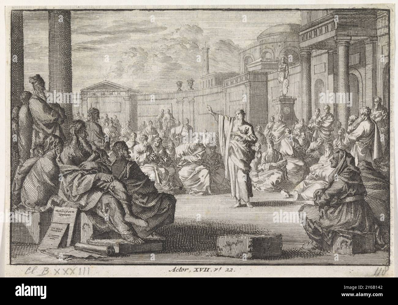 Paul vor den Mitgliedern des Areopagus in Athen, Druck, Druckerei: Jan Luyken, Verlag: Pieter Mortier (I), Druckerei: Haarlem, Verlag: Amsterdam, 1703 - 1762, Papier, Ätzen, Buchdruck, Höhe ca. 110 mm x Breite ca. 158 mm Stockfoto