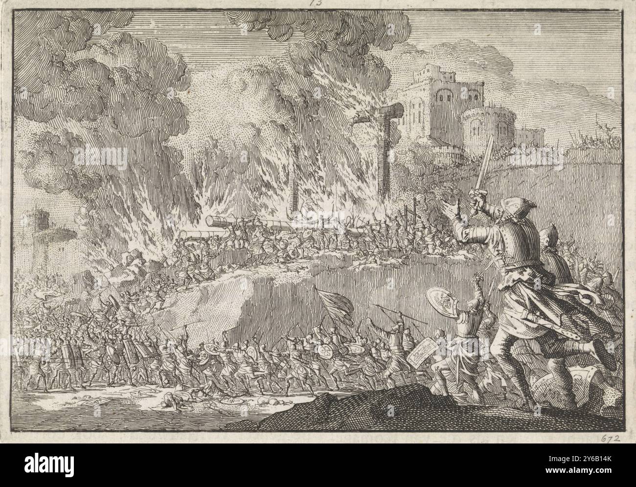 Vertreibung der Juden aus Jerusalem, Druck, Druckerei: Jan Luyken, Verlag: Pieter Mortier (I), Amsterdam, 1704, Papier, Ätzen, Buchdruck, Höhe, 112 mm x Breite, 158 mm Stockfoto