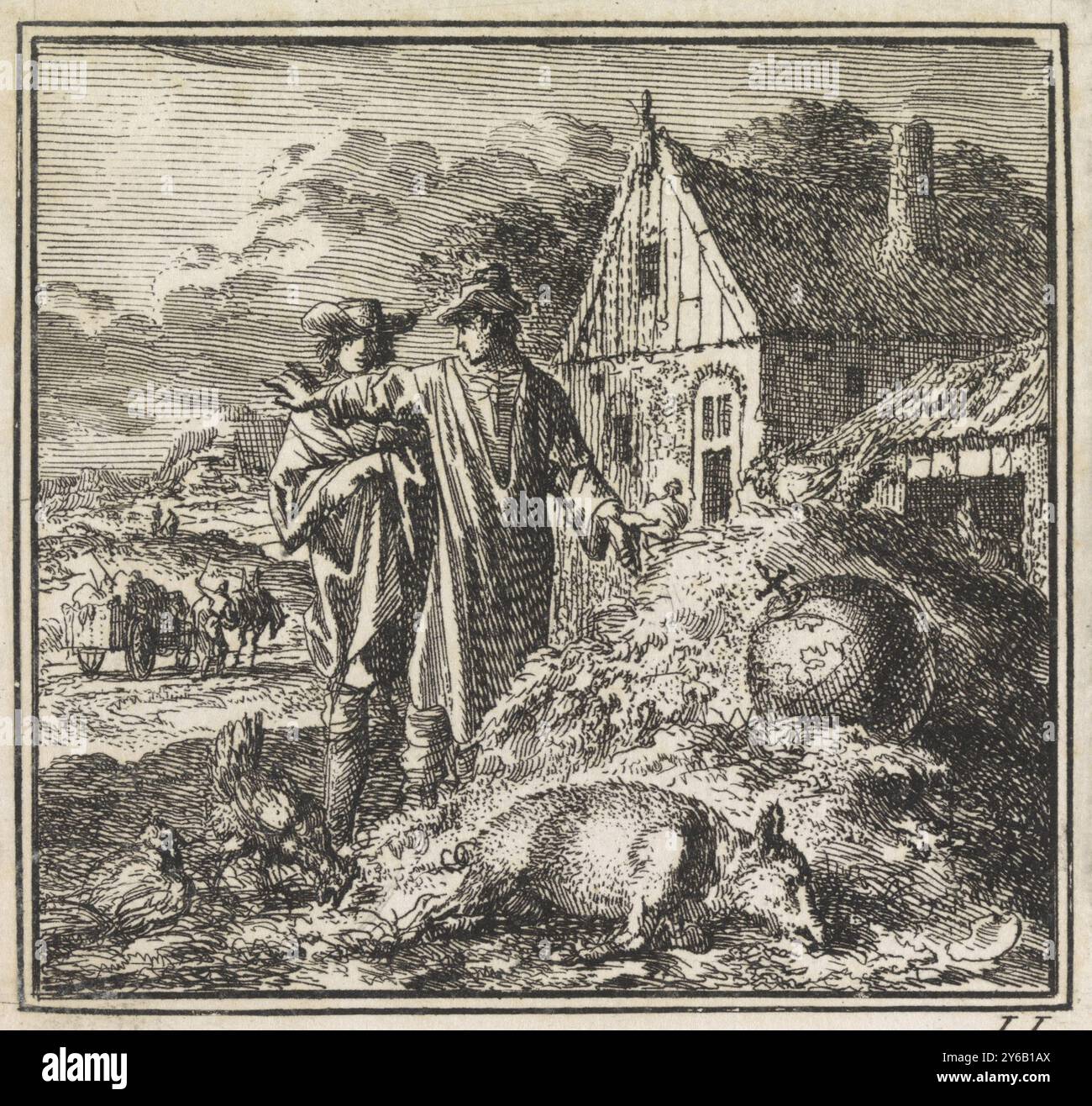 Zwei Männer in der Nähe eines Dungstapels, auf dem ein Schwein und die Welt liegen, der rentable Räumer, Druck, Druckerei: Jan Luyken, (auf dem Objekt erwähnt), Verlag: weduwe Pieter Arentsz & Cornelis van der SYS (II), Amsterdam, 1710, Papier, Ätzen, Höhe, 86 mm x Breite, 88 mm Stockfoto