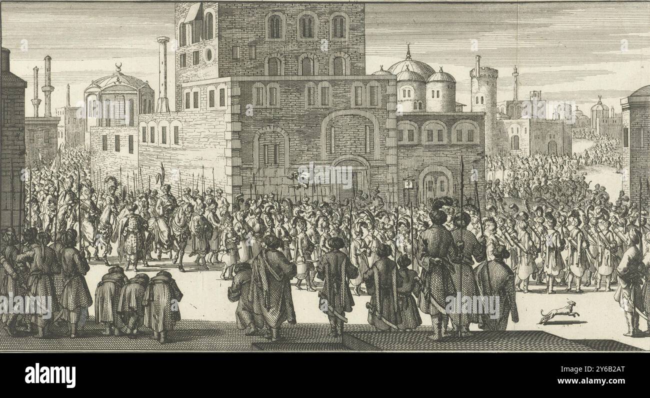 Prozession als der Sultan und seine Gefolgsleute gehen, Druck oben rechts: I. Partie Pag. 272., Print-Maker: Jan Luyken, Verlag: Charles Angot, Print-Maker: Amsterdam, Verlag: Paris, 1689, Papier, Ätzen, Höhe, 145 mm x Breite, 255 mm Stockfoto