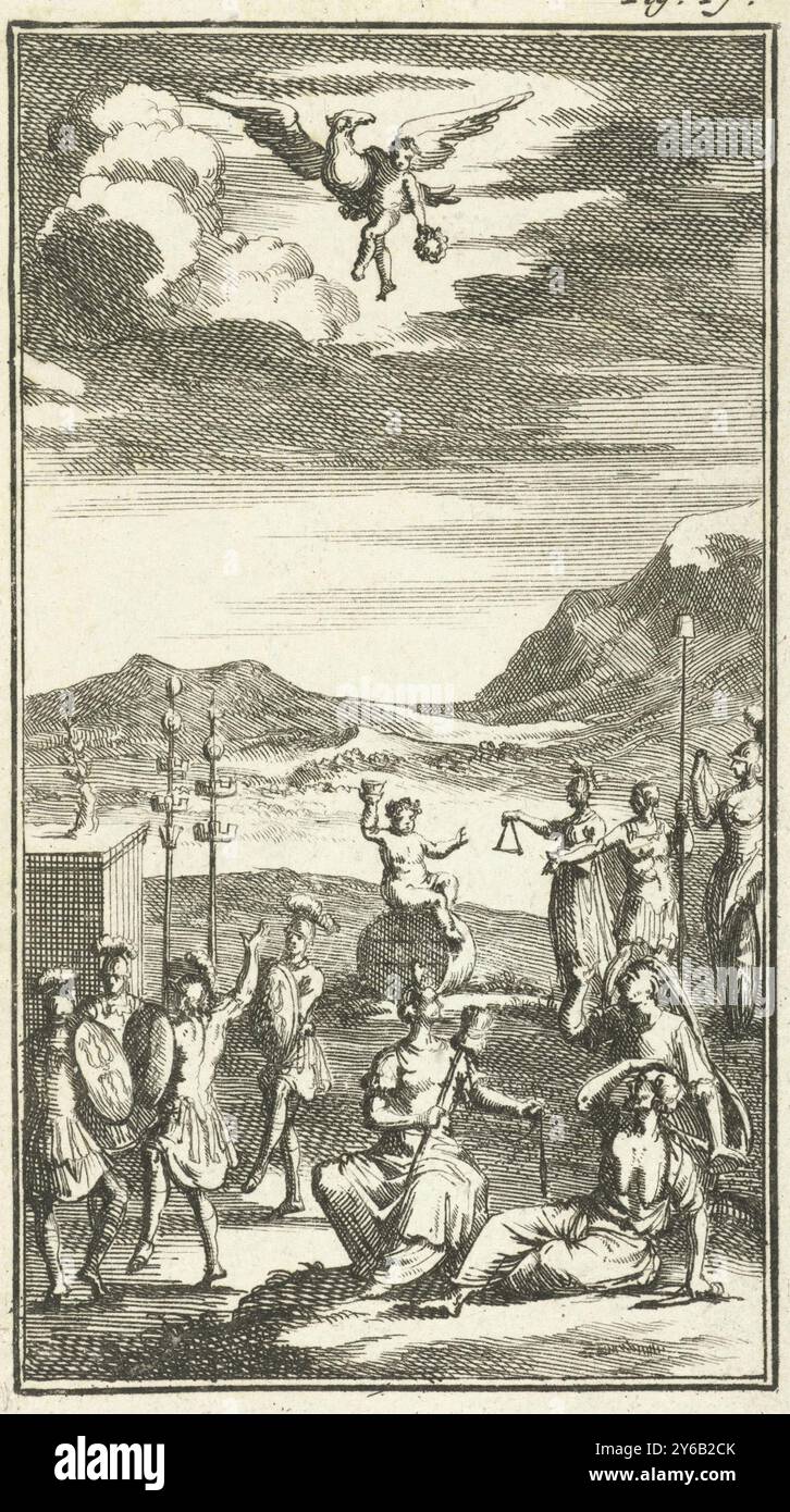 Bacchus hebt sein Weinglas zum Frieden, Druck oben rechts markiert: Abb. 17., Druck, Druckerei: Jan Luyken, Verlag: Barent Beeck, Druckerei: Amsterdam, Verlag: Den Haag, 1691, Papier, Ätzen, Höhe, 136 mm x Breite, 75 mm Stockfoto