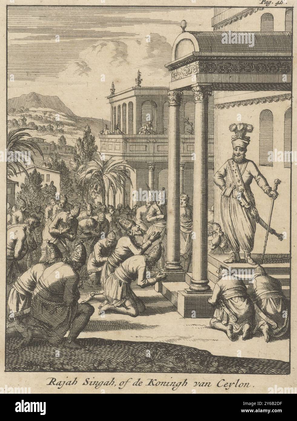 Die Untertanen knien vor dem König von Ceylon, Rajah Singah, Rajah Singah oder dem Koningh von Ceylon (Titel auf Objekt), Druck oben rechts: PAG. 46., Print, Printmacher: Jan Luyken, Verlag: Willem Broedelet, Printmacher: Amsterdam, Verlag: Utrecht, 1692, Papier, Ätzen, Höhe, 170 mm x Breite, 128 mm Stockfoto