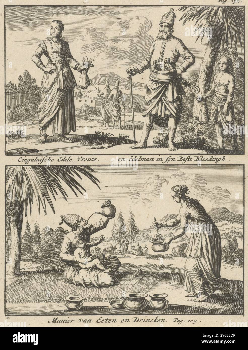 Singhalesischer Adliger und Adliger, Art des Essens und Trinkens unter den Singhalesen, Cingulaische Adlige und Adlige in syn Beste Kleedingh, Art des Essens und Trinkens (Titel auf Objekt), zwei Darstellungen eines Tellers. Oben rechts markierter Druck: PAG. 132., Print, Printmacher: Jan Luyken, Verlag: Willem Broedelet, Printmacher: Amsterdam, Verlag: Utrecht, 1692, Papier, Ätzen, Höhe, 170 mm x Breite, 131 mm Stockfoto