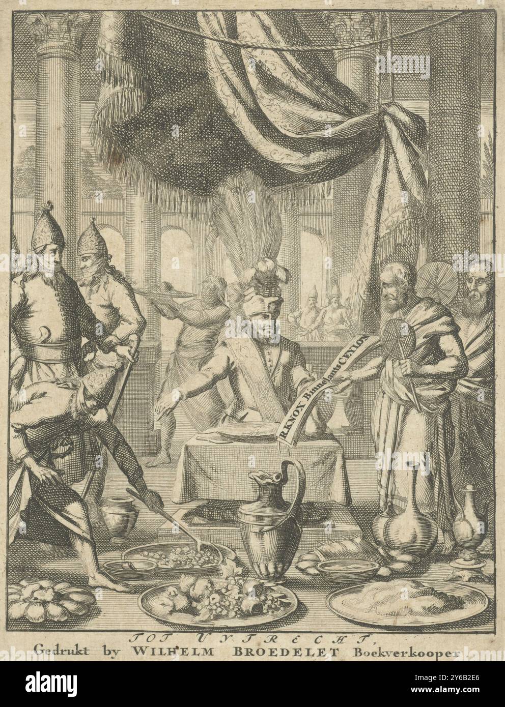 Zwei Priester bieten einem König während des Essens ein offenes Buch an, Titelseite für: R. Knox, t'Eyland Ceylon in seinem Innersten Wesen, oder 't Koningrijck Candy, 1692, Druck, Druckerei: Jan Luyken, Verlag: Willem Broedelet, (auf dem Objekt erwähnt), Druckerei: Amsterdam, Verlag: Utrecht, 1692, Papier, Ätzen, Höhe, 175 mm x Breite, 135 mm Stockfoto