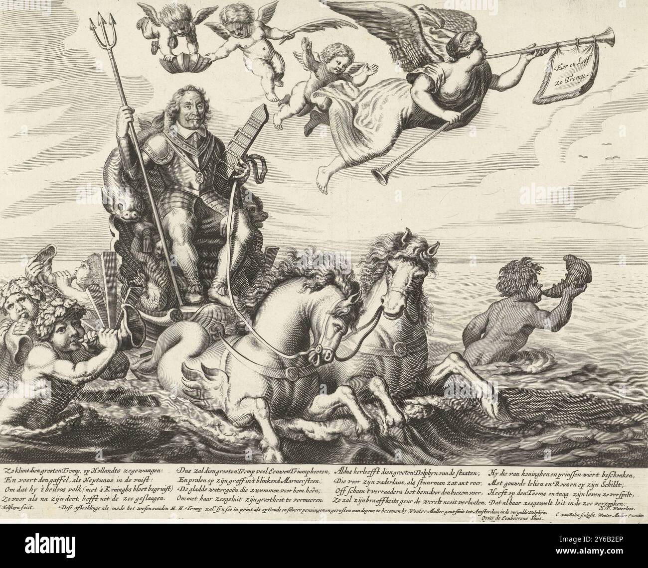Siegeswagen zu Ehren von Maarten Tromp, getötet in der Schlacht von Terheide, 1653, Admiral Maarten Tromp, getötet in der Seeschlacht von Terheide am 10. August 1653 in einem Siegeswagen über das Meer, von Pferden gezogen und von Tritonen begleitet. In seinen Händen ein Dreizack und ein Schiffsruder. Am Himmel der Ruhm mit zwei Trompeten und drei Engeln. Ein Engel krönt Trump mit einer Stadtratenkrone. In der Unterschrift vier vierzeilige Verse., Druck, Druckerei: Cornelis van Dalen (I), (erwähnt auf Objekt), nach Entwurf von: Cornelis Holsteyn, (erwähnt auf Objekt), Verlag: Wouter Muller, (erwähnt o Stockfoto