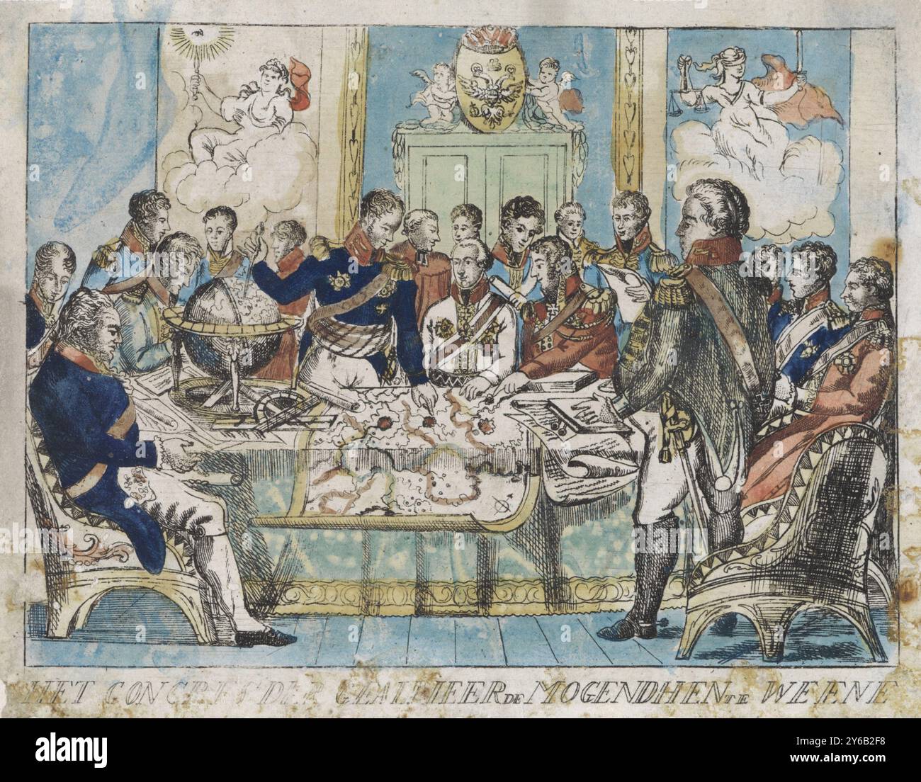 Wiener Kongress, 1815, Kongress der Alliierten in Wien (Titel zum Gegenstand), Beratungen während des Wiener Kongresses, 1815. Die Diplomaten treffen sich an einem Tisch, auf dem eine große Karte liegt. Zwei allegorische Gemälde an der Wand., Druck, Druckerei: Anonym, Niederlande, 1815, Papier, Ätzen, Höhe, 168 mm x Breite, 217 mm Stockfoto