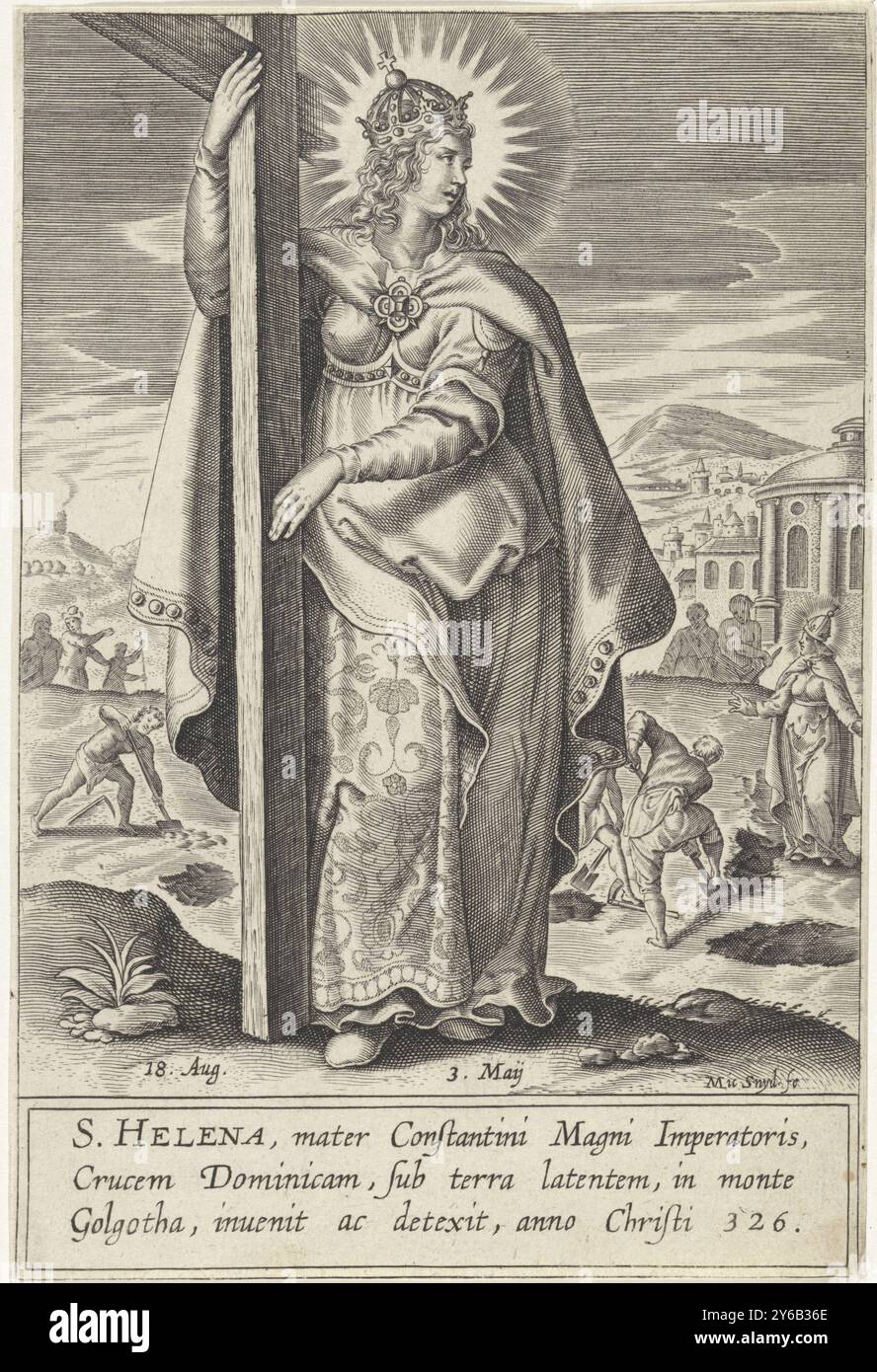 Heilige Helena, Heilige Helena, am Kreuz stehend. Im Hintergrund sehen Sie, wie sie Arbeiter mit Schaufeln im Boden beobachtet, die nach dem Kreuz suchen. Am Ende des Abdruckes ist ihr Name der 18. August und das Datum der Entdeckung des Heiligen Kreuzes (3. Mai). Unten ist eine kurze Aussage in lateinischer Sprache über ihre Familienbeziehung mit Kaiser Konstantin dem Großen und ihre Rolle bei der Suche nach dem Kreuz auf Golgatha im Jahr 326., Druck, Druckerei: Michael Snijders, (auf dem Objekt erwähnt), Antwerpen, 1610 - 1672, Papier, Gravur, Höhe, 164 mm x Breite, 111 mm Stockfoto